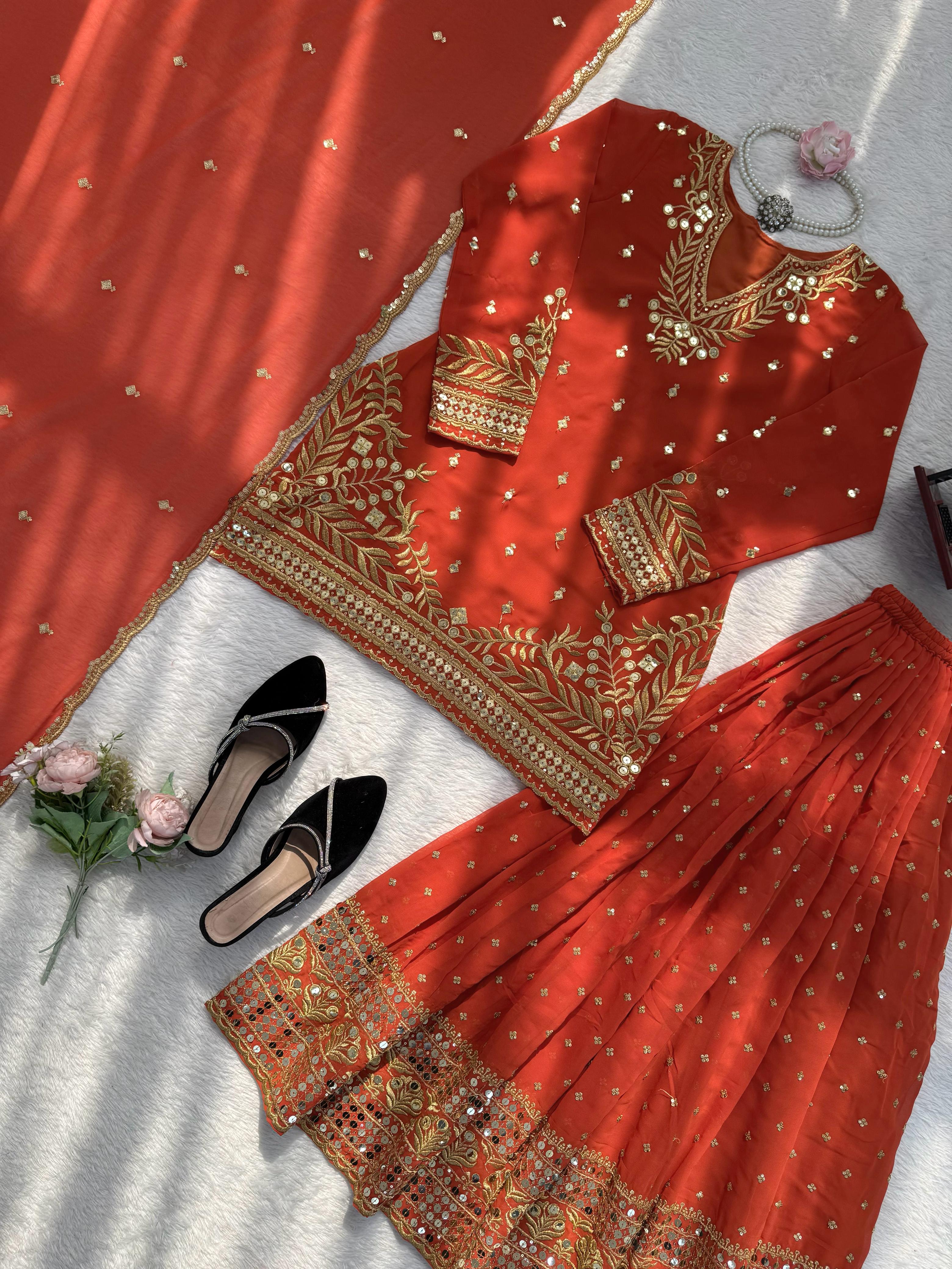 Designer Sharara Set Crafted in Classy Tones with Premium Fabric & Detailing (Other Size Deatails Are in Description)