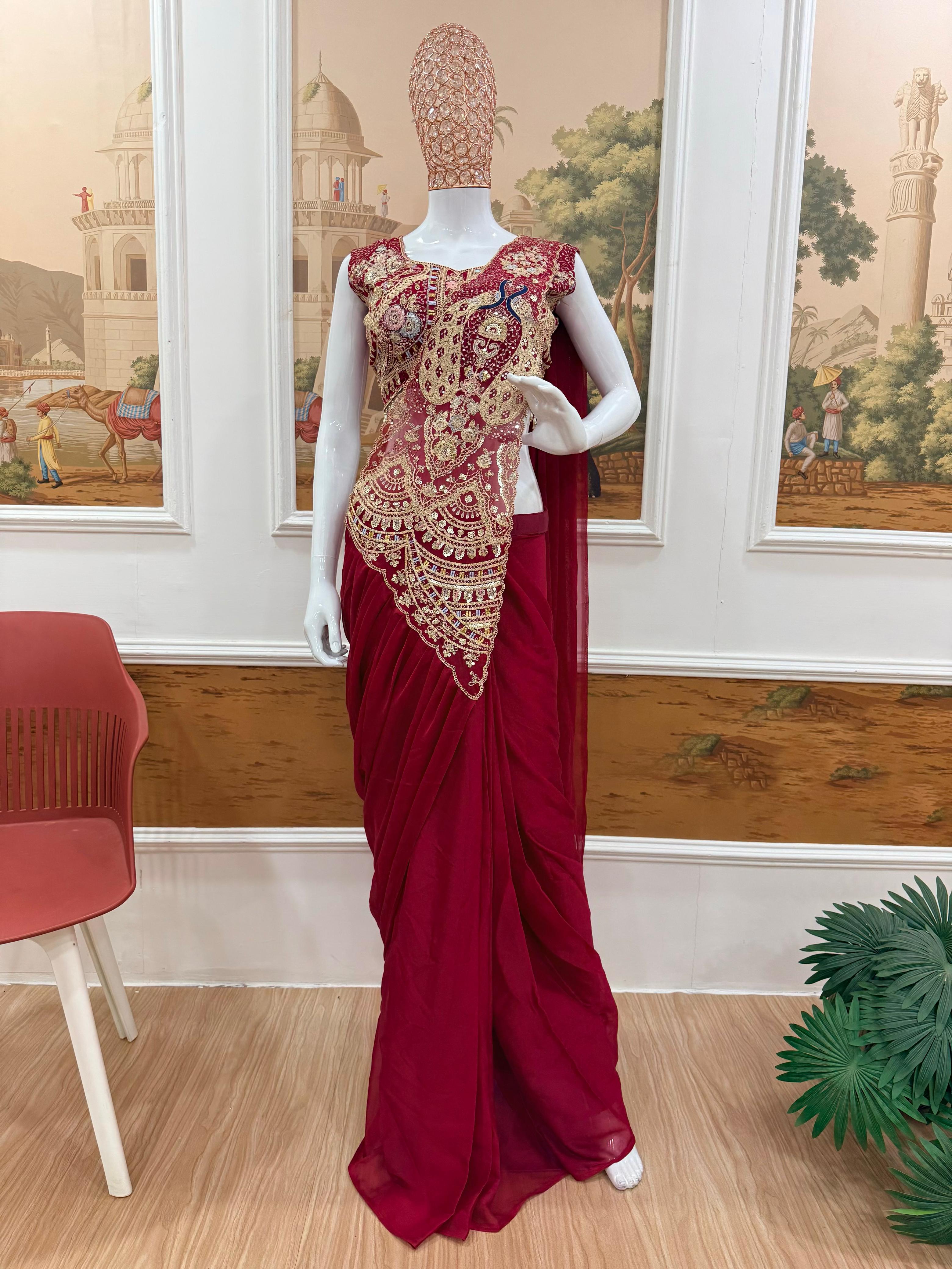 NEW STUNNING SUPERHIT TRENDING "RICH MAROON " READY TO WEAR SAREE" WITH FULLY EMBROIDERED STYLIST BLOUSE ON  RANGOLI SILFABRIC