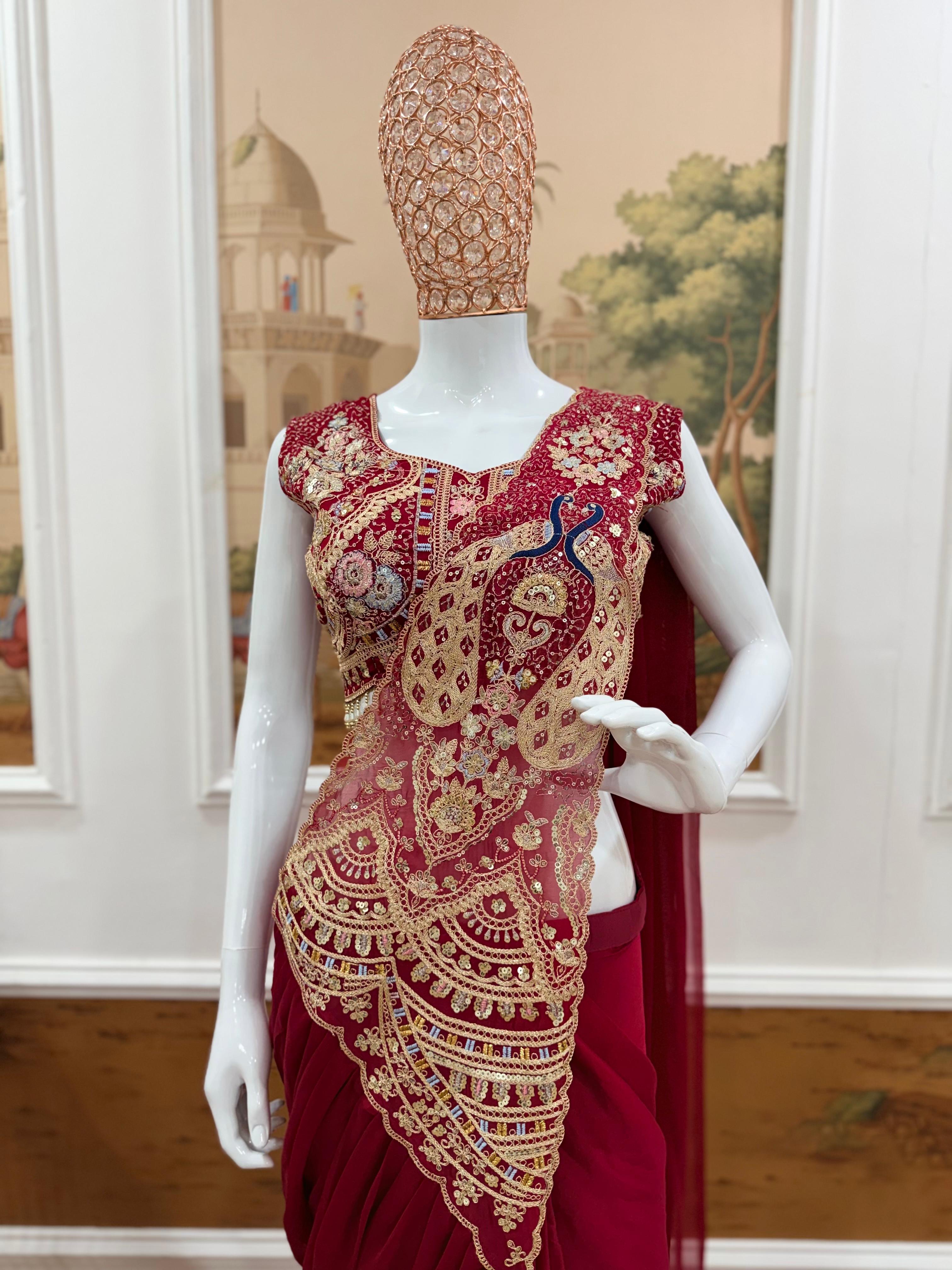 NEW STUNNING SUPERHIT TRENDING "RICH MAROON " READY TO WEAR SAREE" WITH FULLY EMBROIDERED STYLIST BLOUSE ON  RANGOLI SILFABRIC