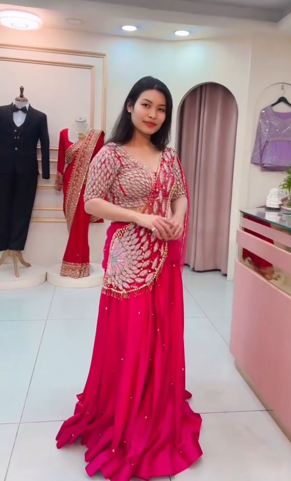 "Deep Rani Pink Crepe Silk Heavy Embroidered Ready-to-Wear Lehenga Saree"