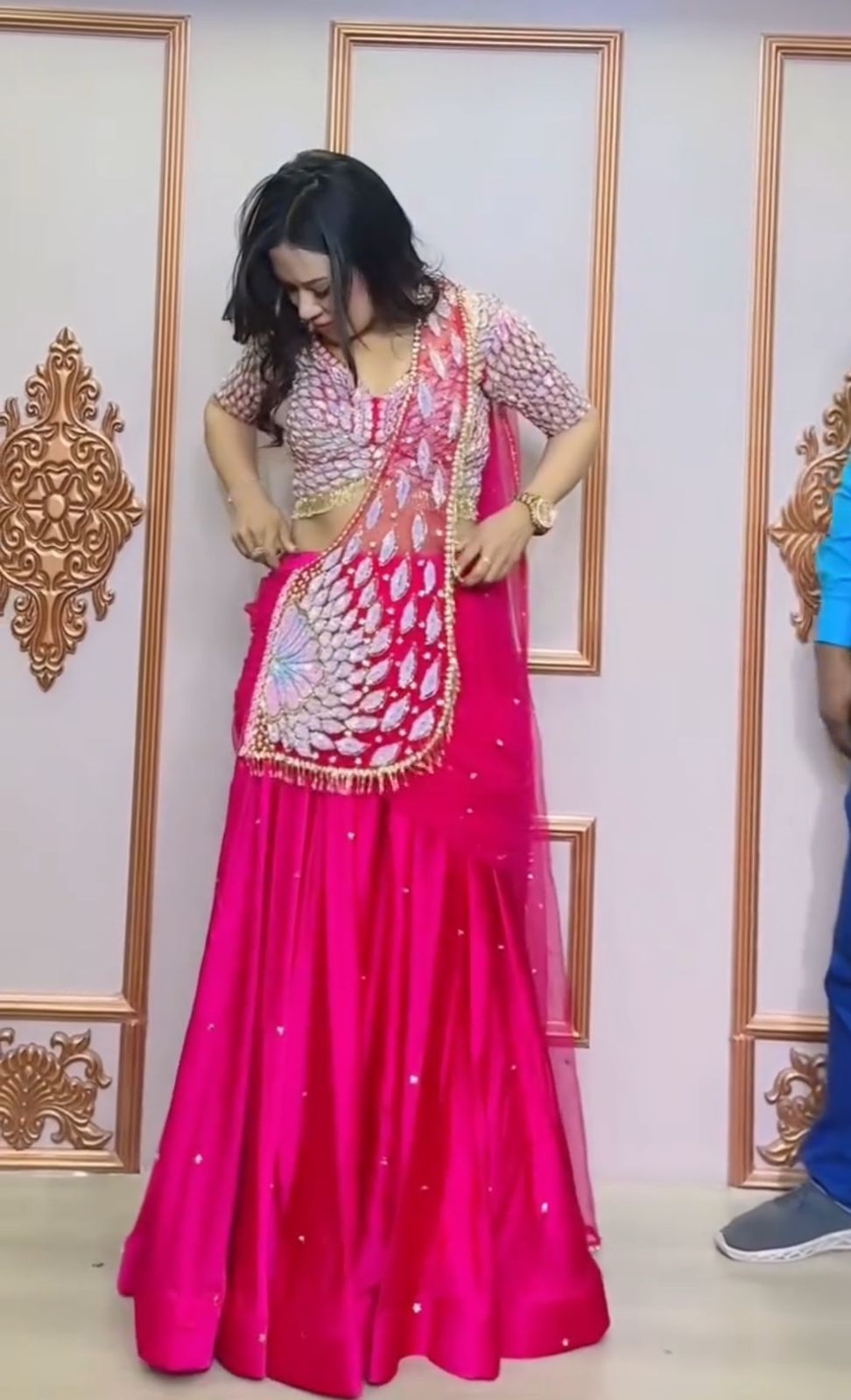 "Deep Rani Pink Crepe Silk Heavy Embroidered Ready-to-Wear Lehenga Saree"