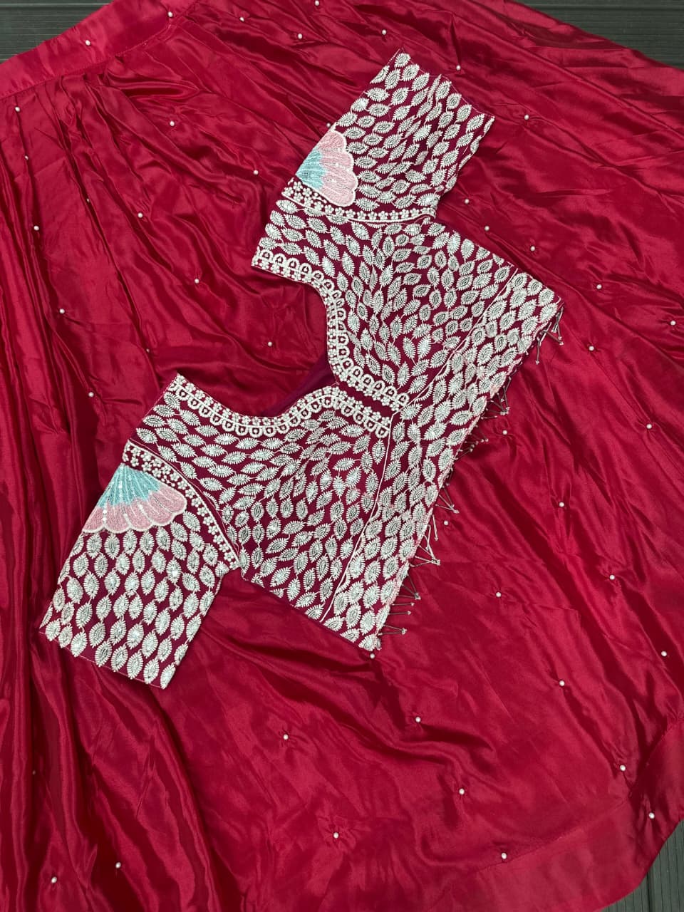 "Deep Rani Pink Crepe Silk Heavy Embroidered Ready-to-Wear Lehenga Saree"