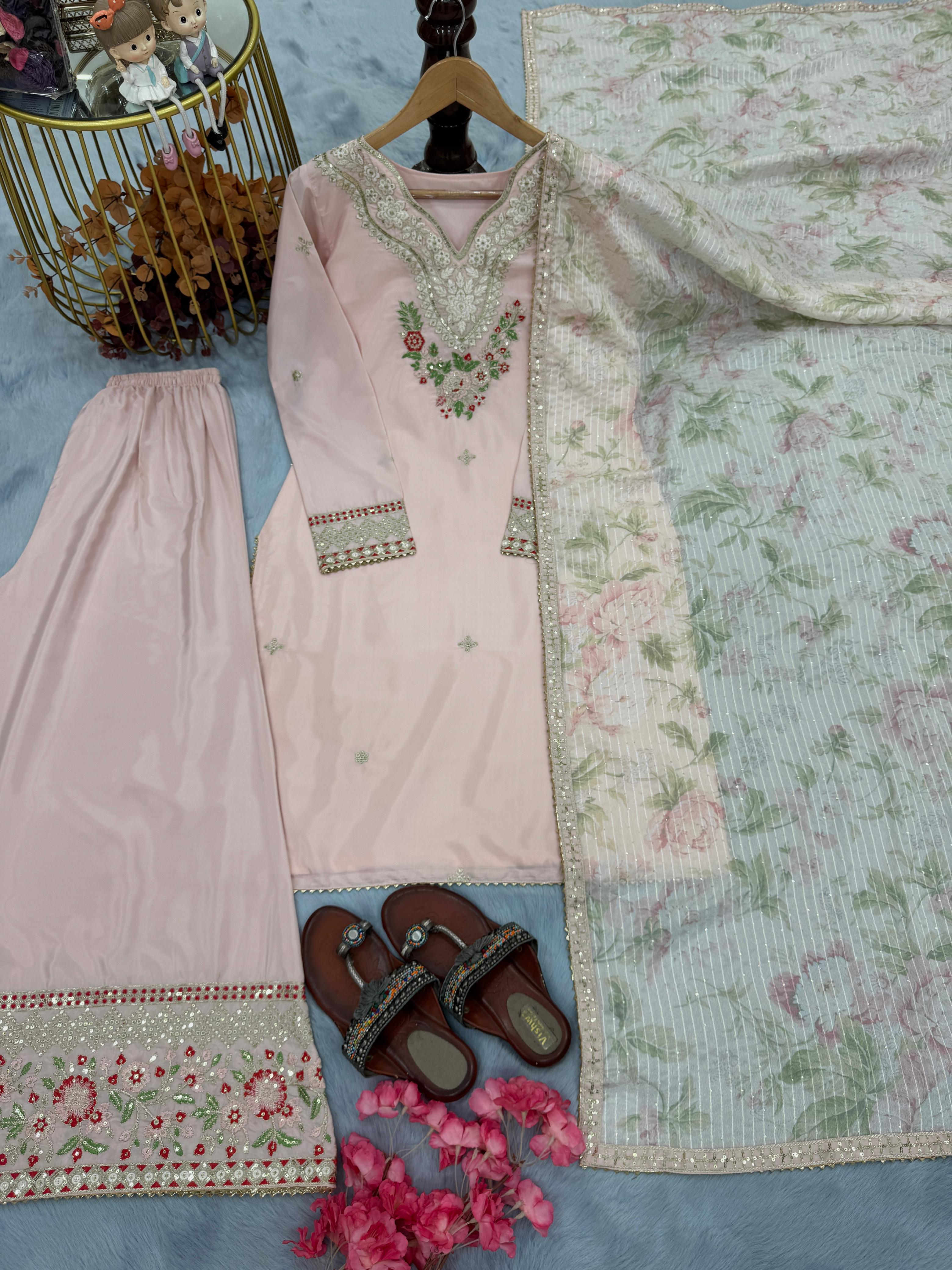 Pakistani-Style Palazzo Salwar Suit Đěsigner Party Wear Look Pure Natural Crepe Silk