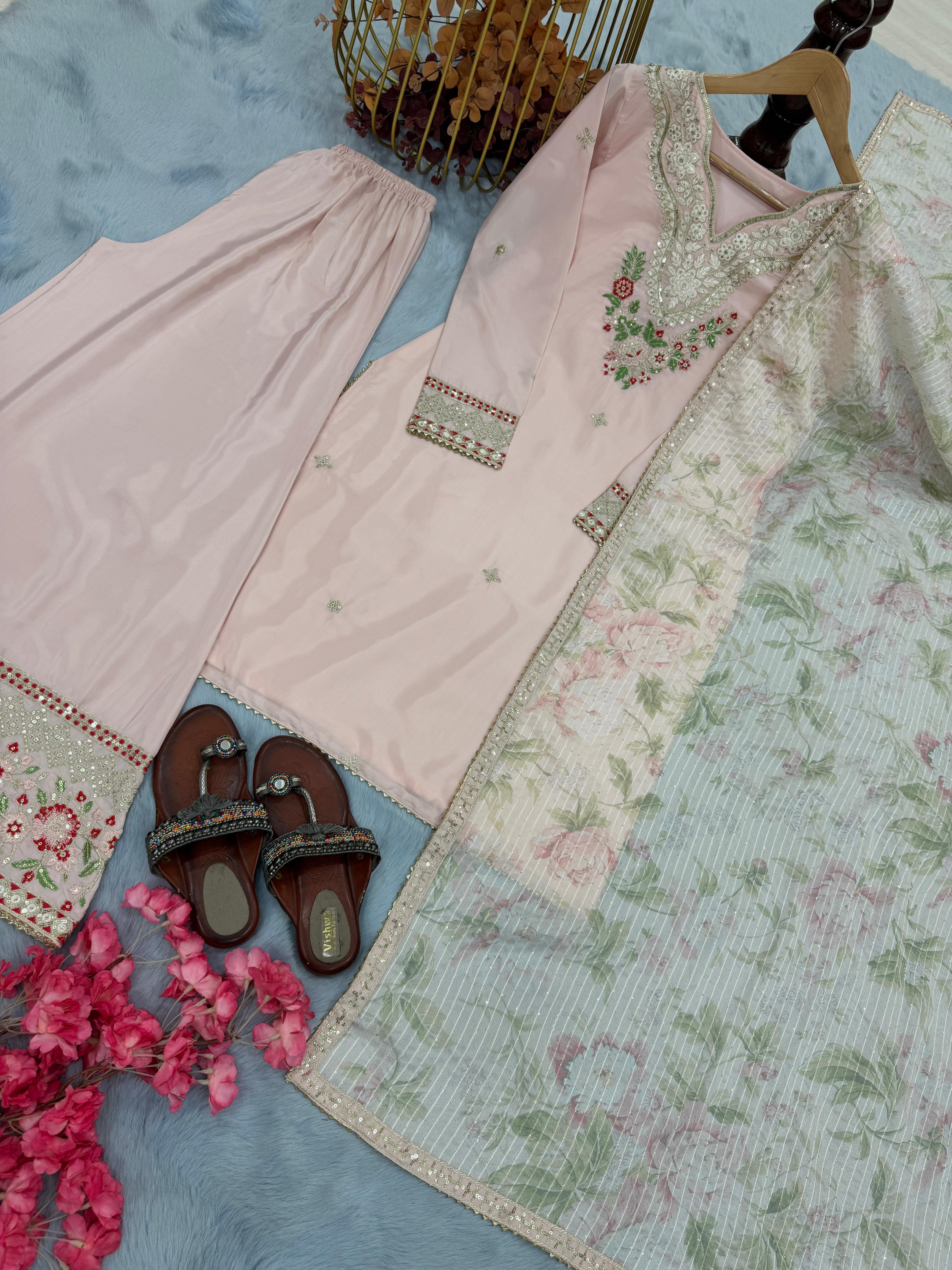 Pakistani-Style Palazzo Salwar Suit Đěsigner Party Wear Look Pure Natural Crepe Silk