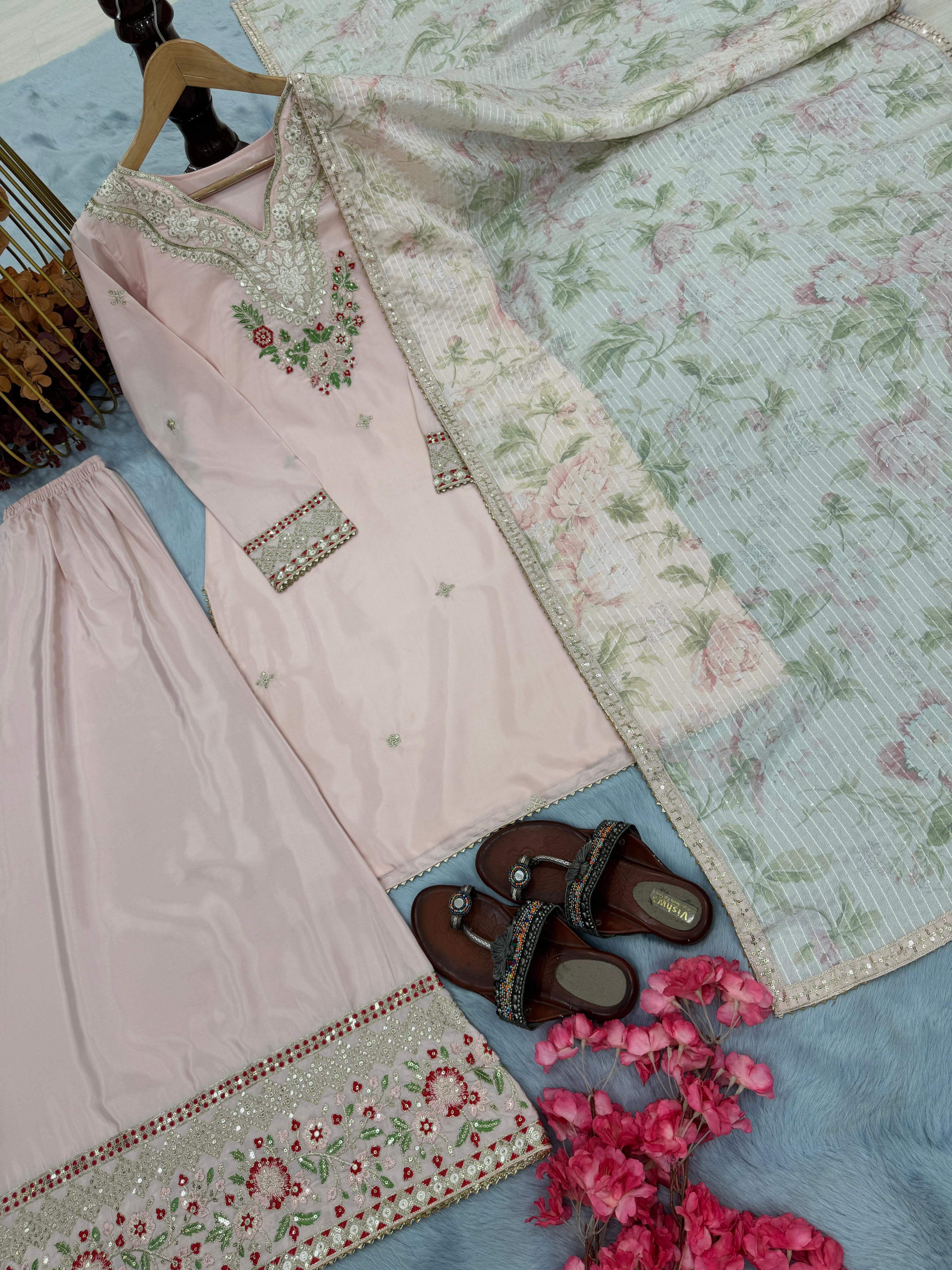 Pakistani-Style Palazzo Salwar Suit Đěsigner Party Wear Look Pure Natural Crepe Silk
