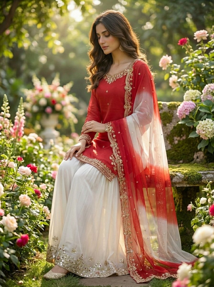 Embroidered Pakistani Sharara Suit with Organza Dupatta"