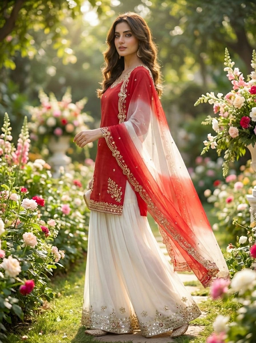 Embroidered Pakistani Sharara Suit with Organza Dupatta"