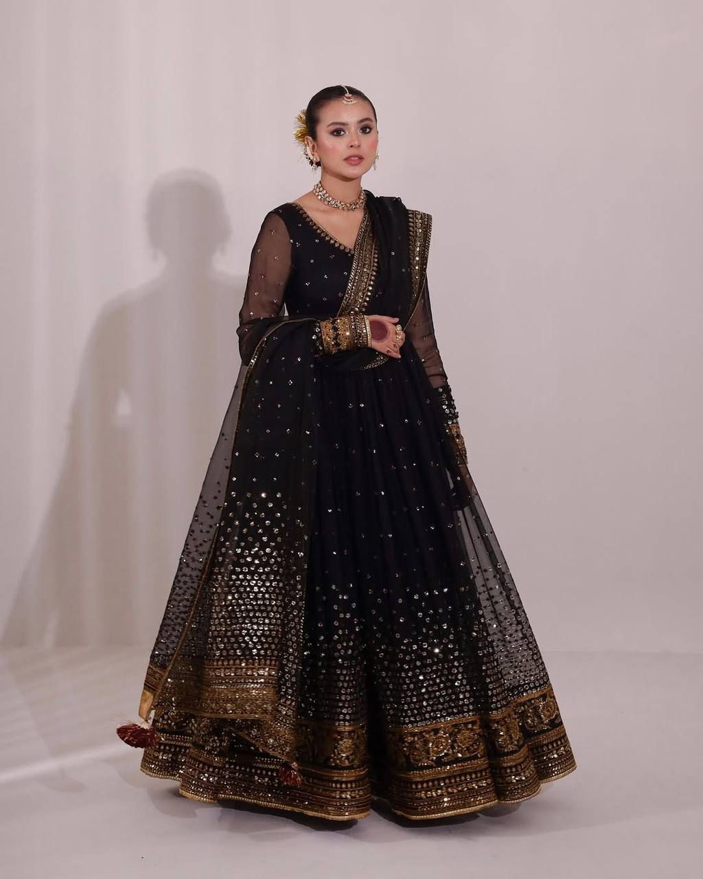 Regal Black Butterfly Net Anarkali Gown with Intricate Zari Work