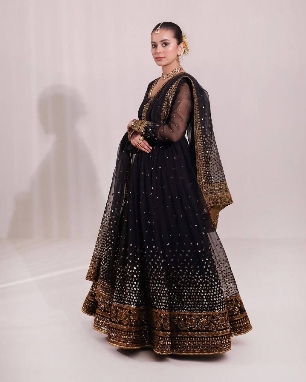 Regal Black Butterfly Net Anarkali Gown with Intricate Zari Work
