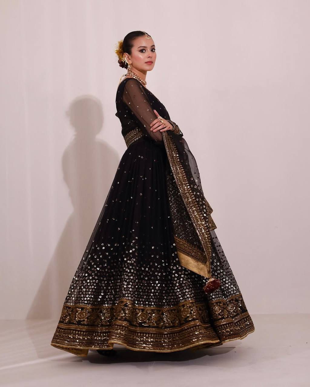 Regal Black Butterfly Net Anarkali Gown with Intricate Zari Work