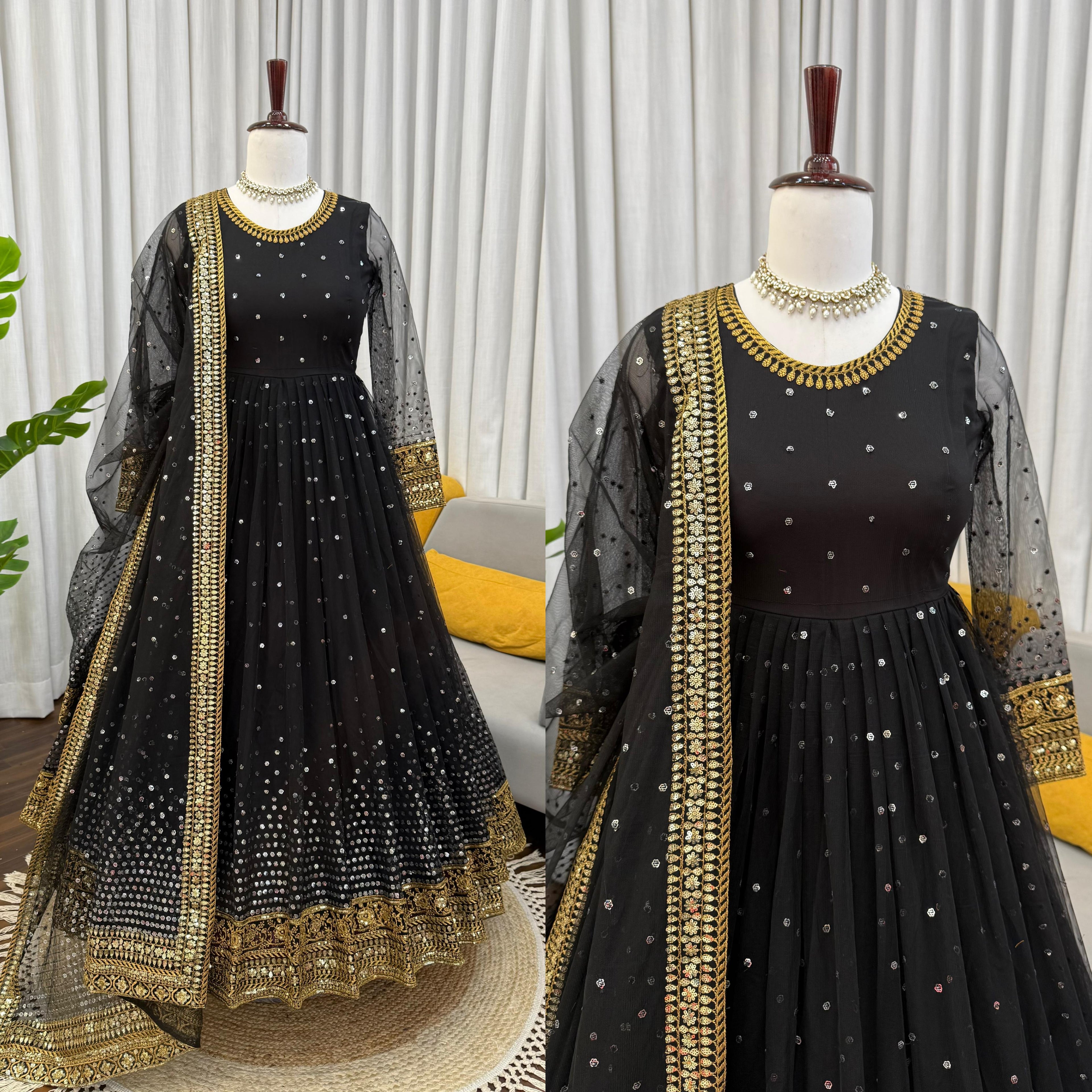 Regal Black Butterfly Net Anarkali Gown with Intricate Zari Work