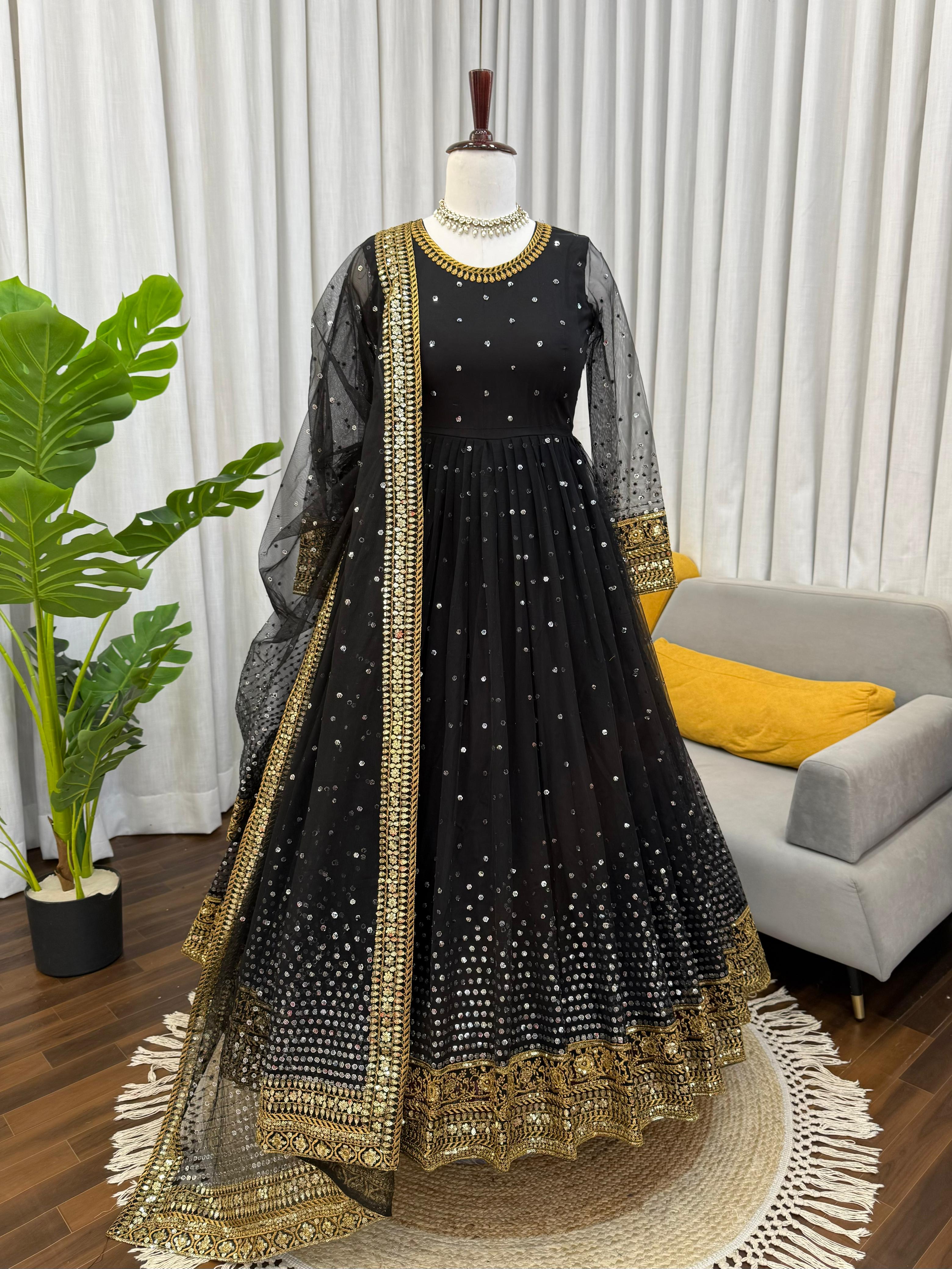 Regal Black Butterfly Net Anarkali Gown with Intricate Zari Work