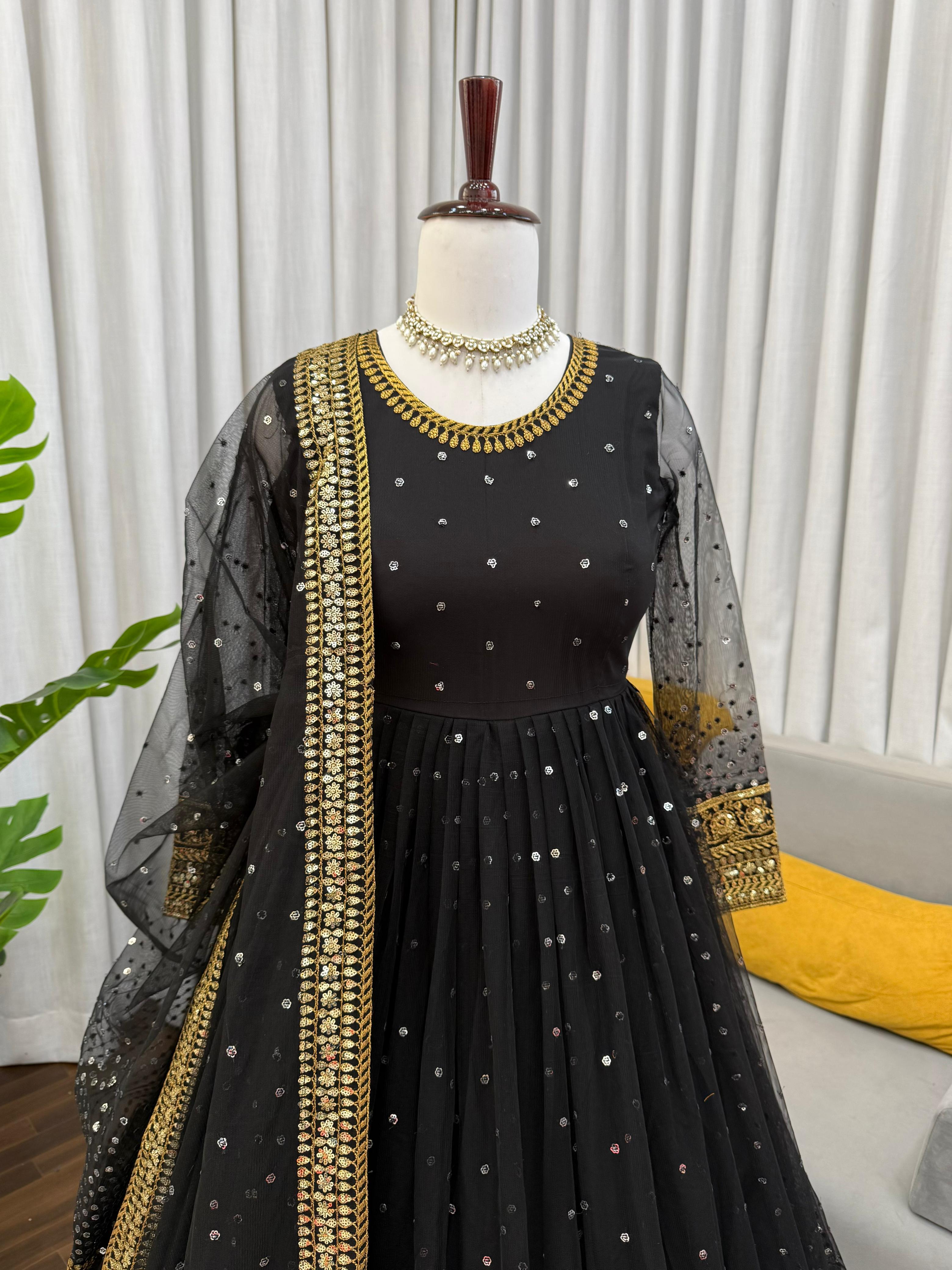 Regal Black Butterfly Net Anarkali Gown with Intricate Zari Work