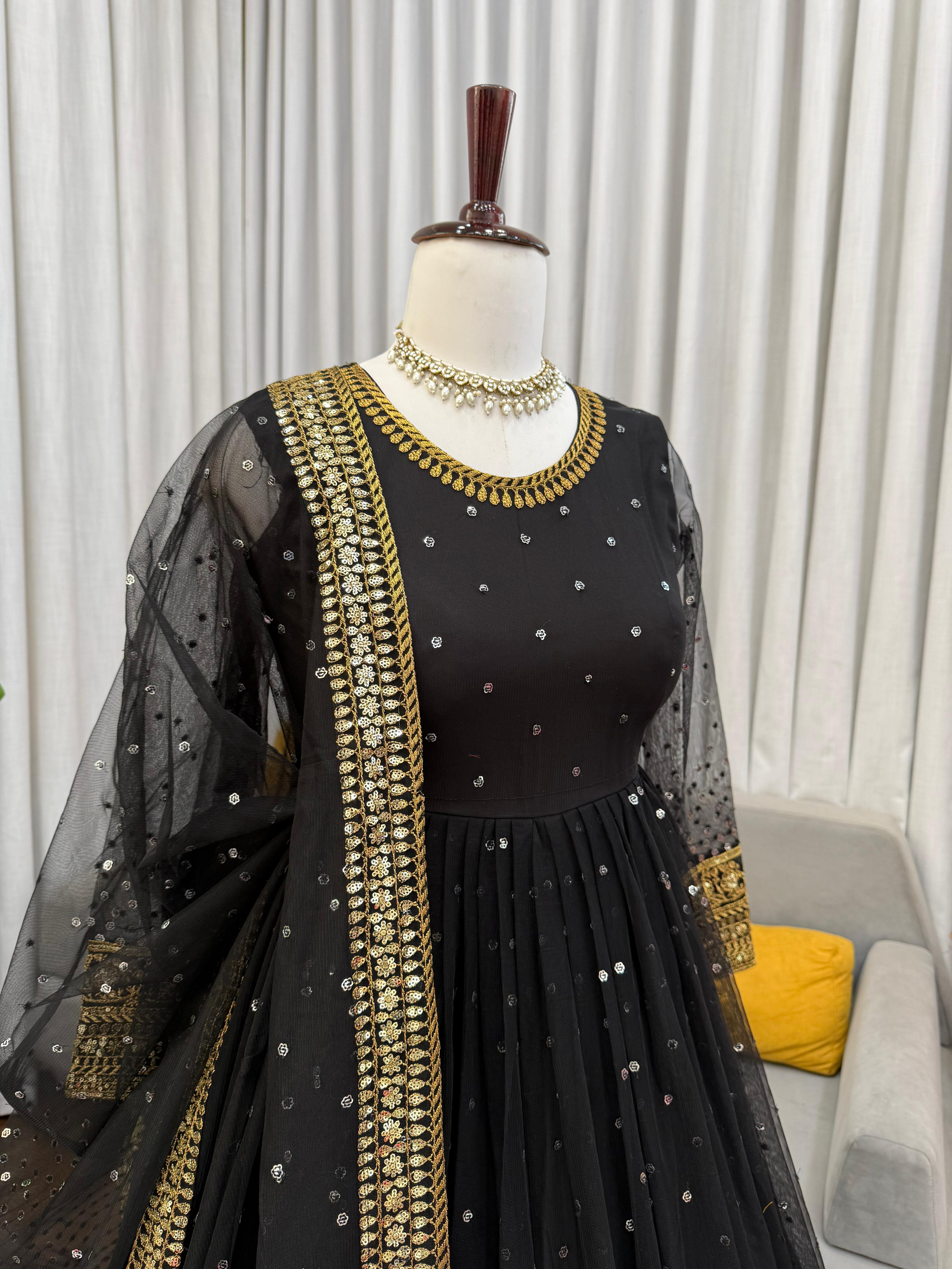 Regal Black Butterfly Net Anarkali Gown with Intricate Zari Work