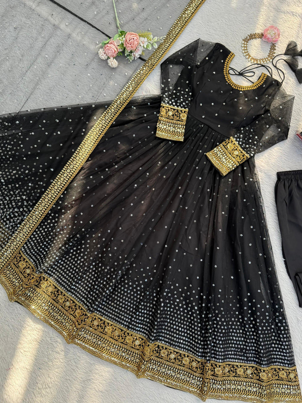 Regal Black Butterfly Net Anarkali Gown with Intricate Zari Work