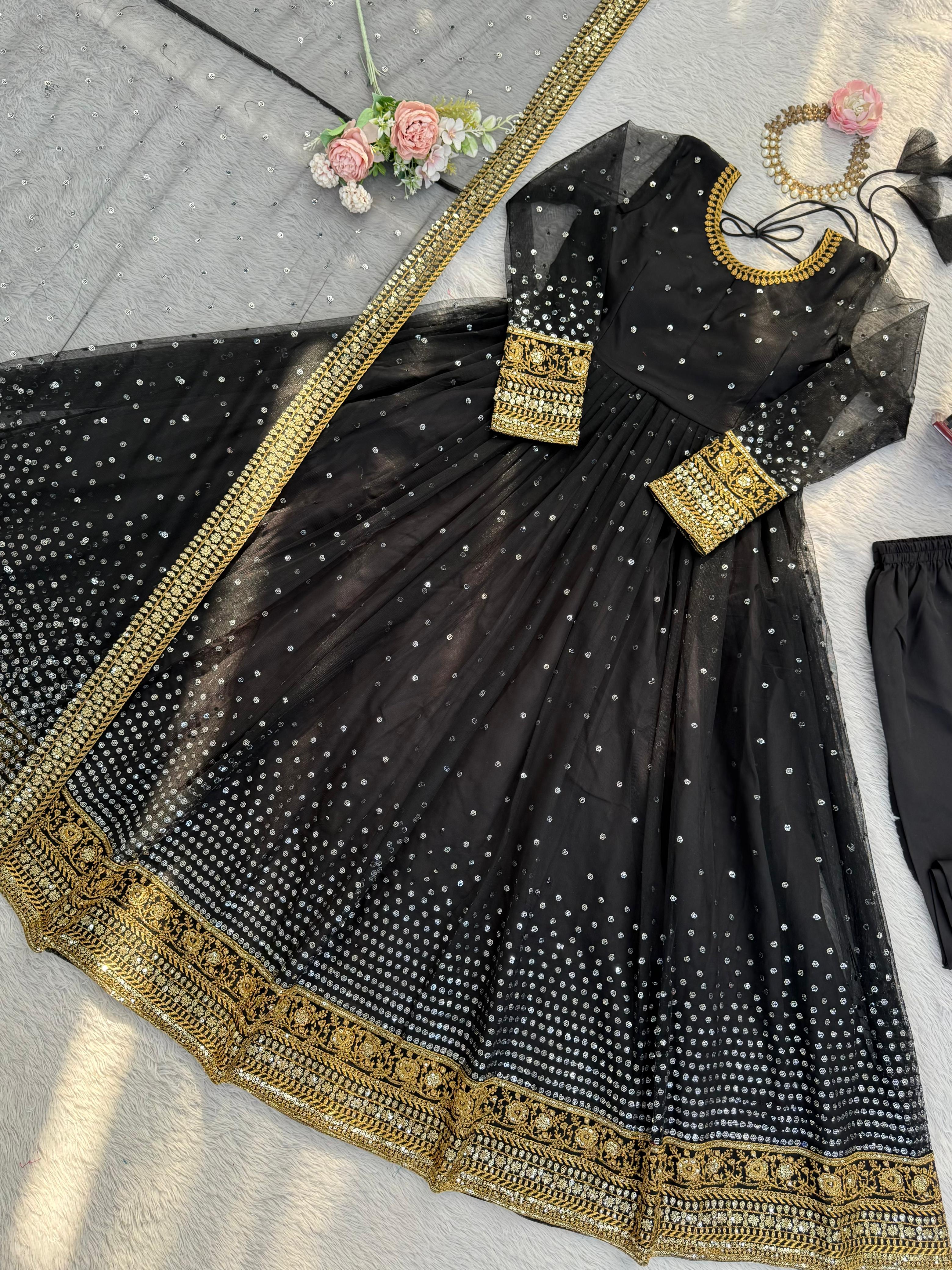 Regal Black Butterfly Net Anarkali Gown with Intricate Zari Work