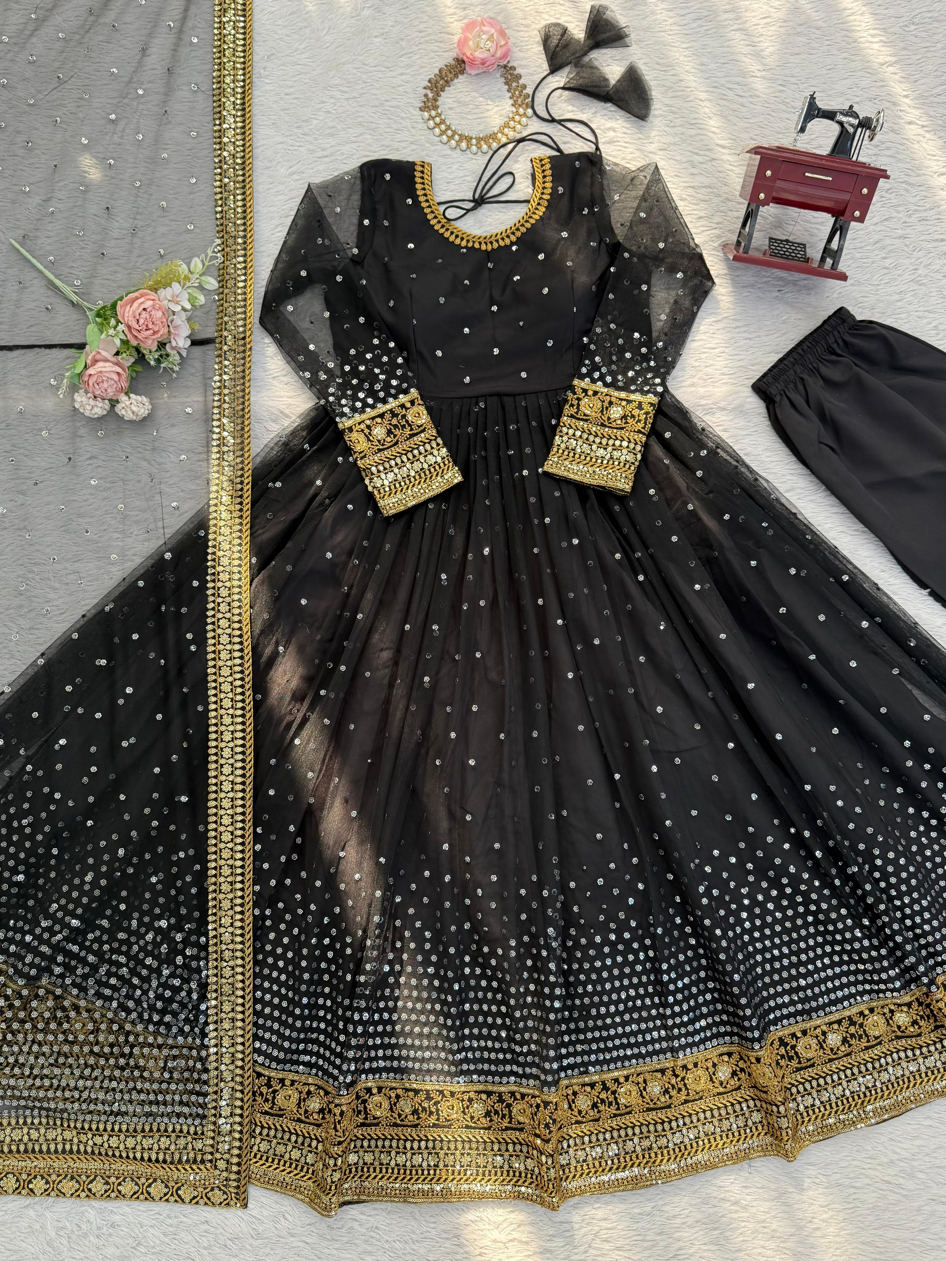 Regal Black Butterfly Net Anarkali Gown with Intricate Zari Work