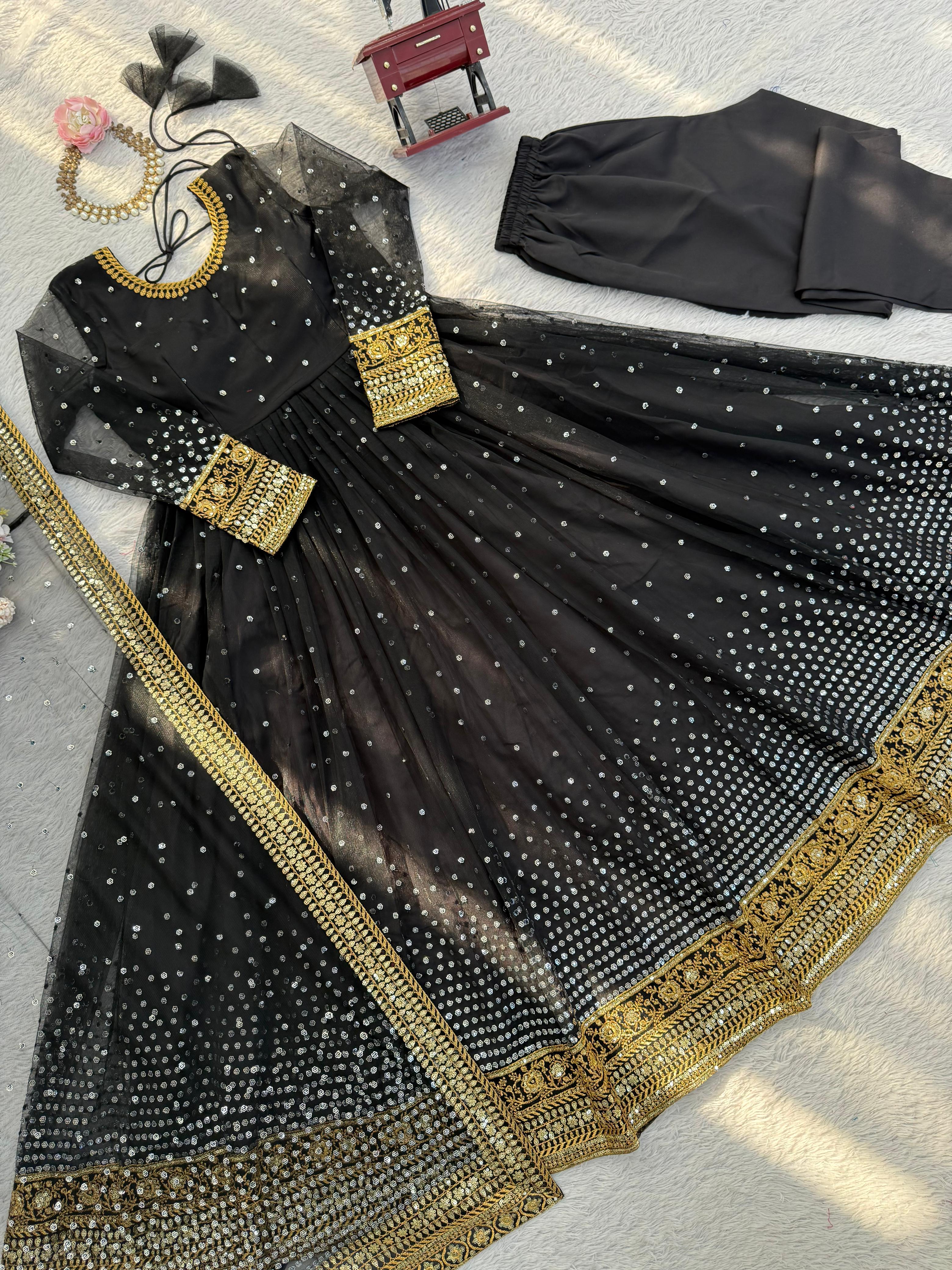 Regal Black Butterfly Net Anarkali Gown with Intricate Zari Work
