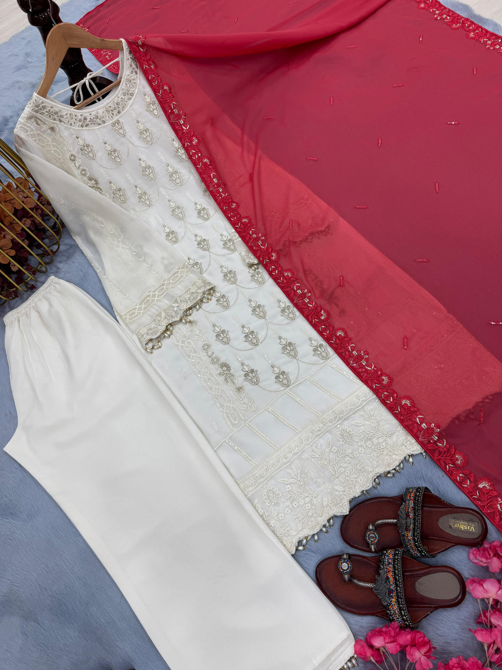 Đěsigner Party Wear Look Pur Heavy Faux Georgette Top Plazzo & Dupatta Set