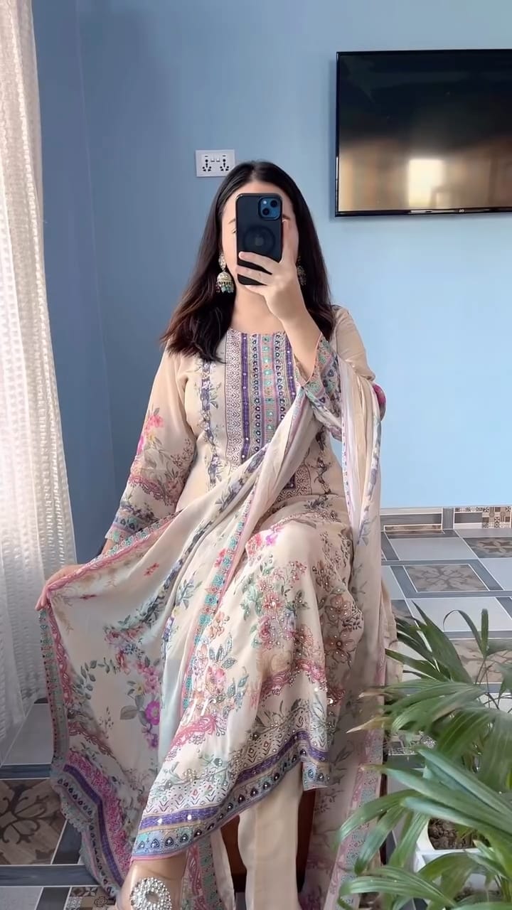 Elegant Floral Muslin Suit Set is Ready For Occasions