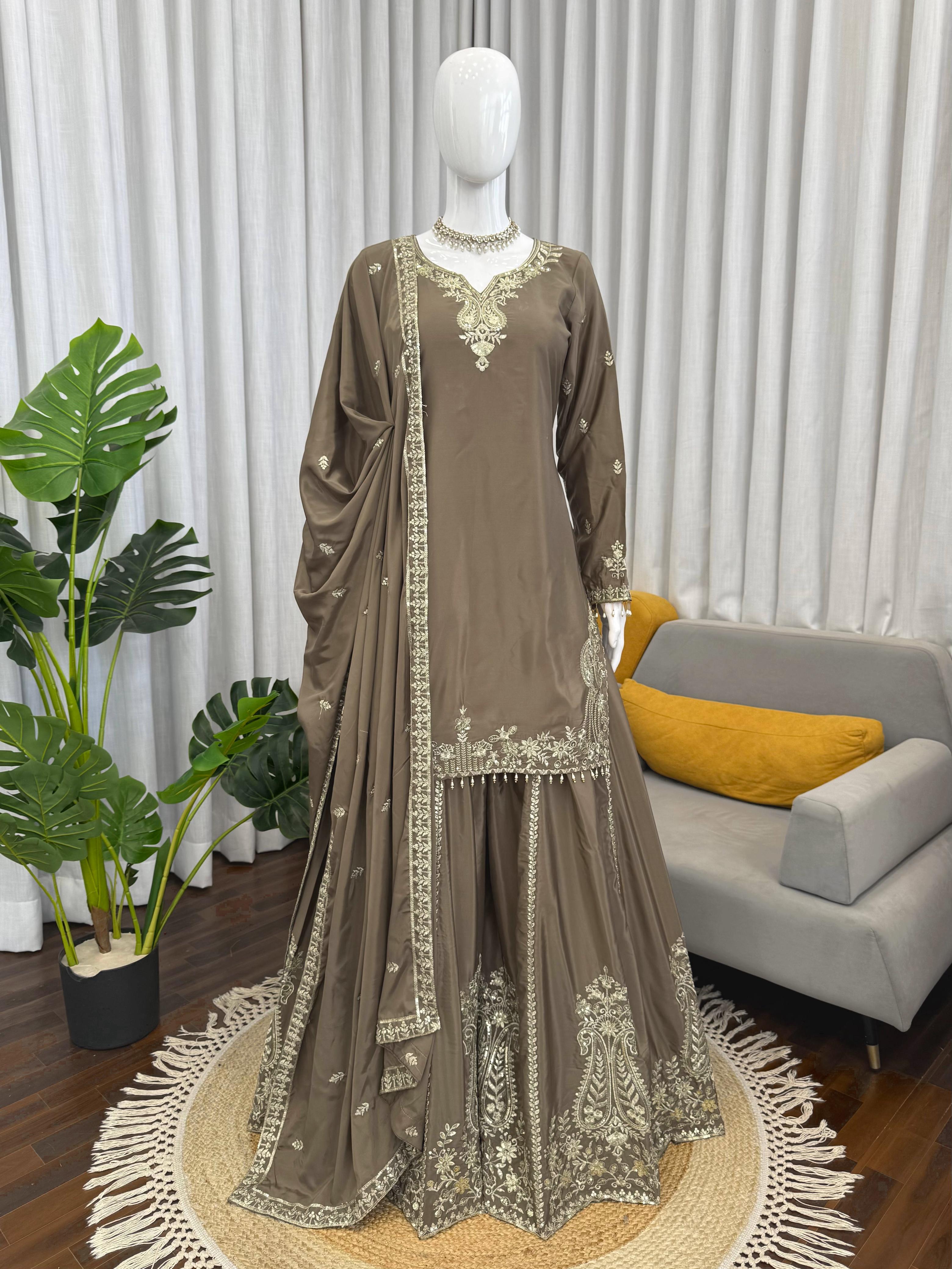 Buy Heavy Natural Crepe Silk 3-piece Readymade Sharara Top Set