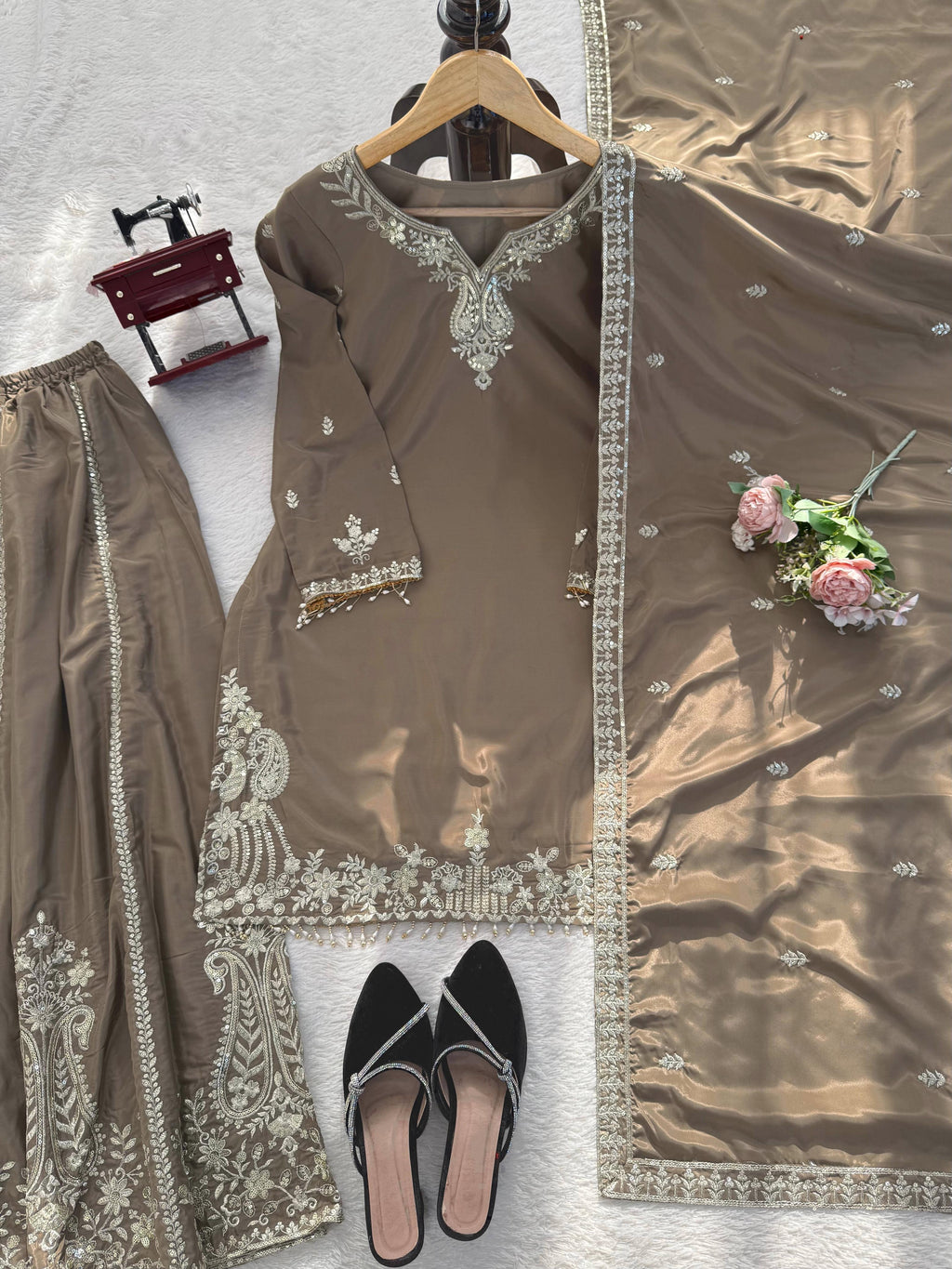 Buy Heavy Natural Crepe Silk 3-piece Readymade Sharara Top Set
