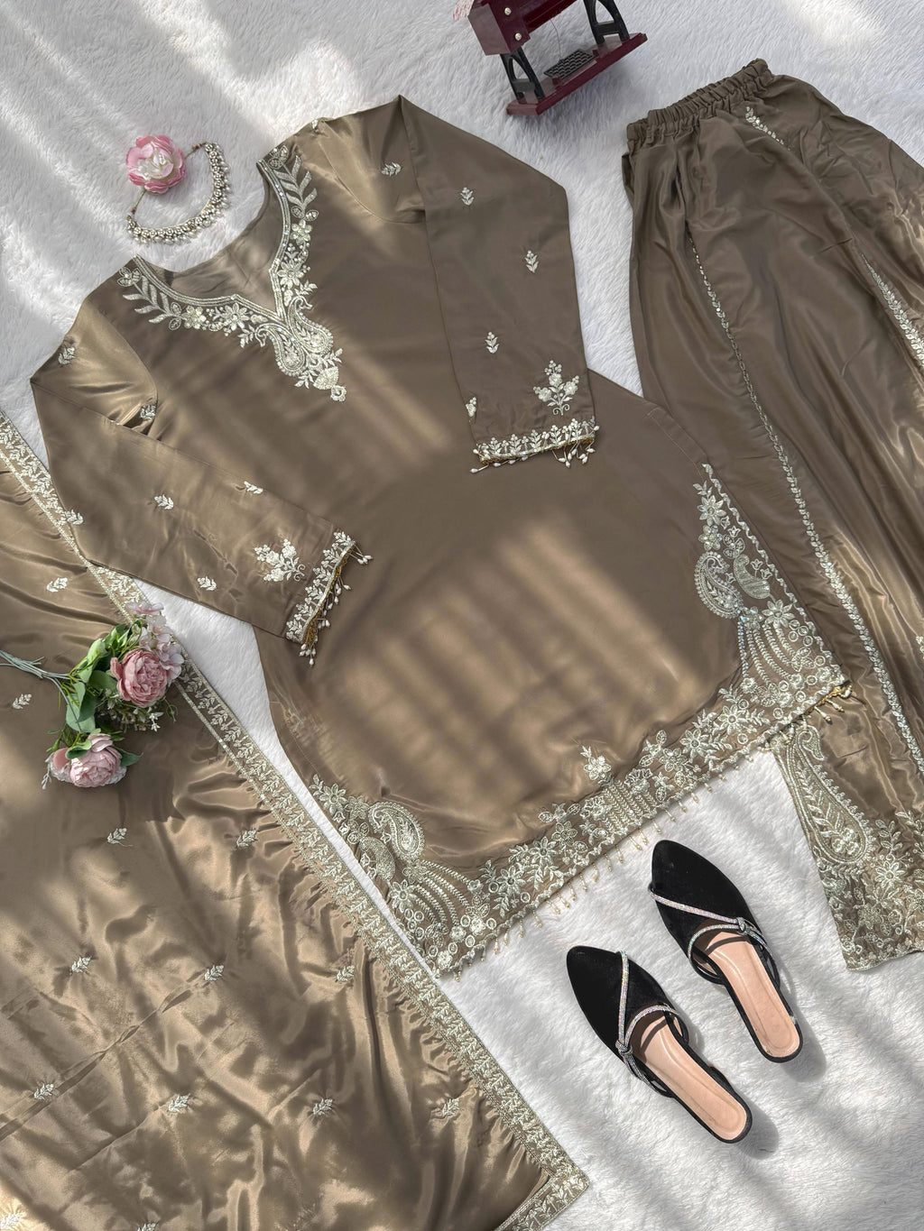 Buy Heavy Natural Crepe Silk 3-piece Readymade Sharara Top Set
