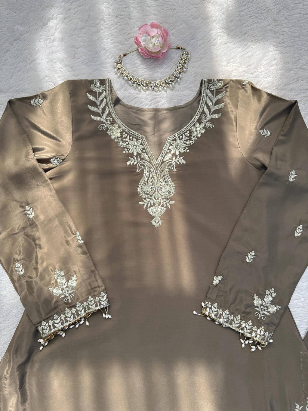 Buy Heavy Natural Crepe Silk 3-piece Readymade Sharara Top Set