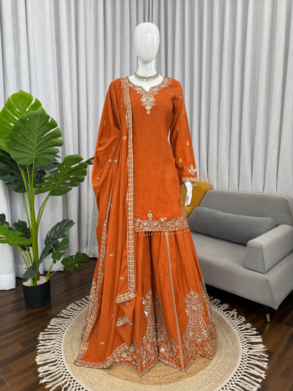 Buy Heavy Natural Crepe Silk 3-piece Readymade Sharara Top Set