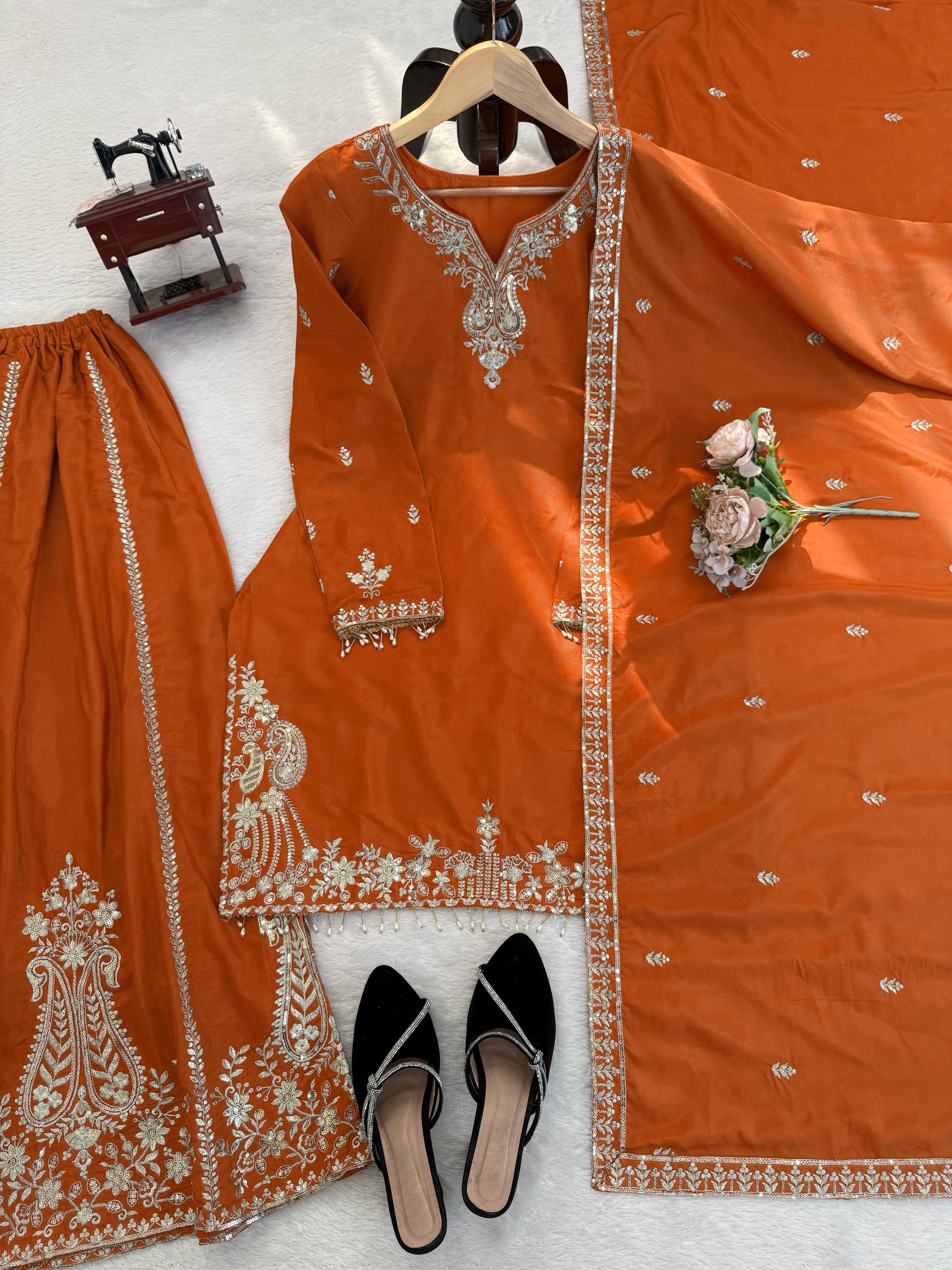 Buy Heavy Natural Crepe Silk 3-piece Readymade Sharara Top Set