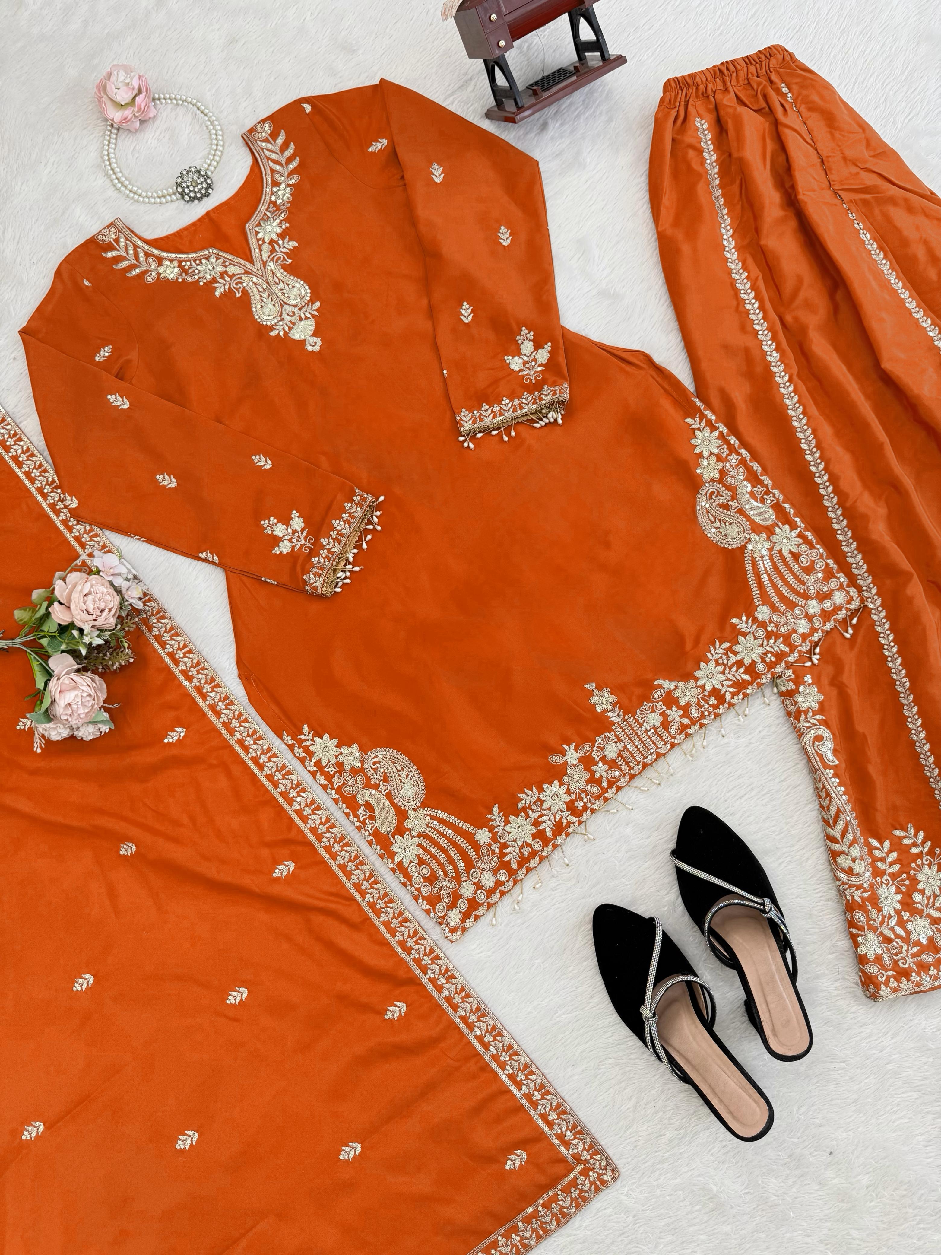 Buy Heavy Natural Crepe Silk 3-piece Readymade Sharara Top Set