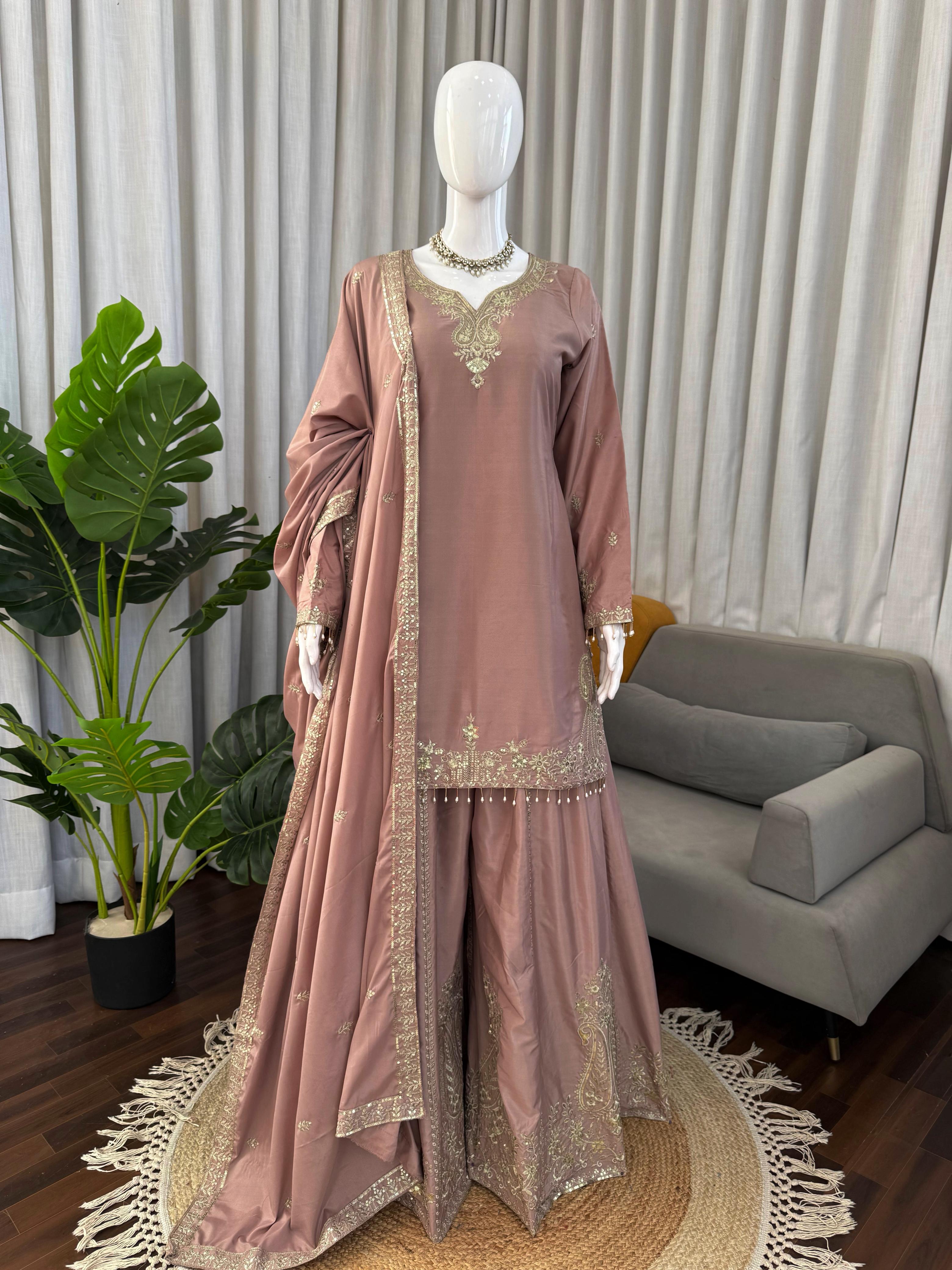 Buy Heavy Natural Crepe Silk 3-piece Readymade Sharara Top Set