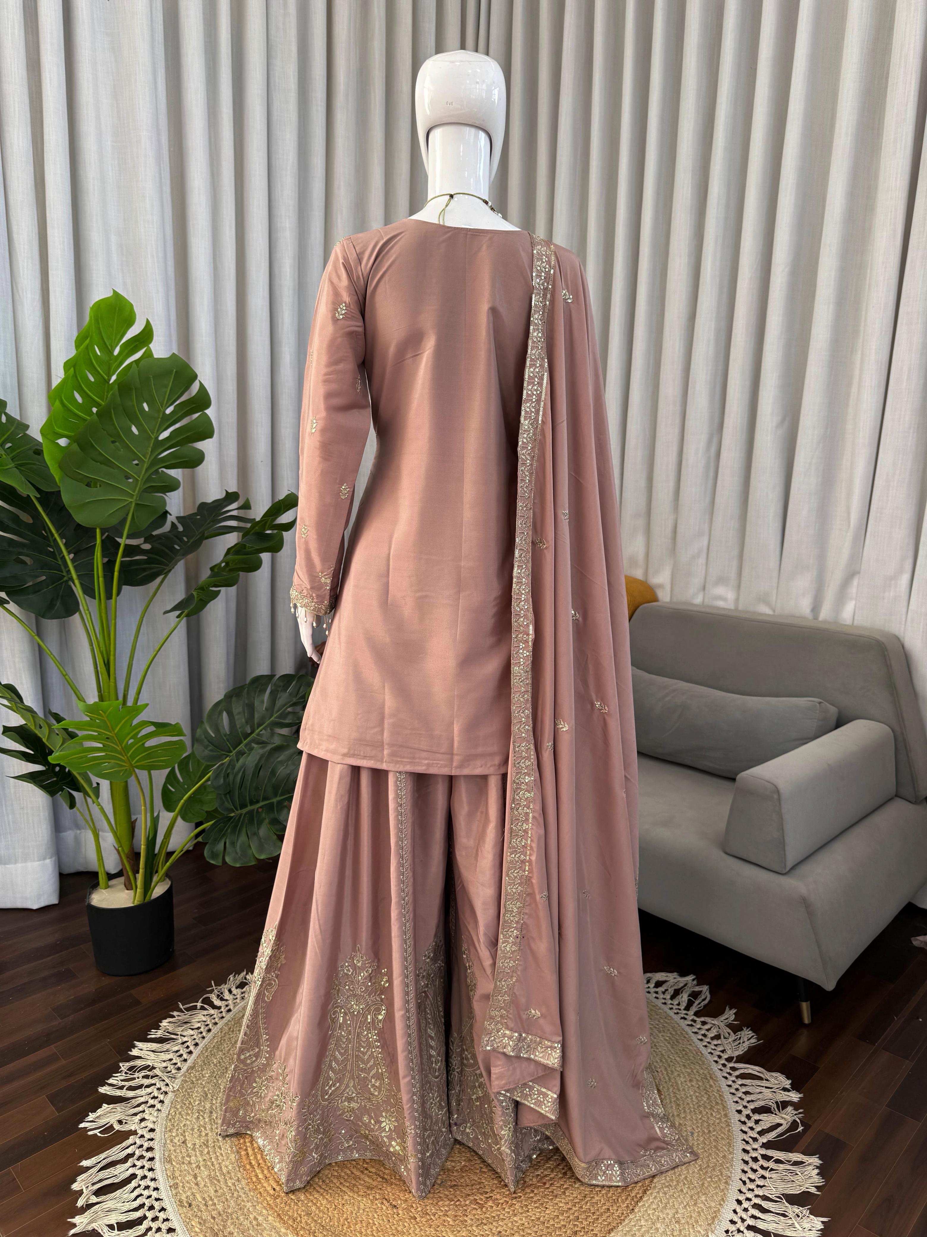 Buy Heavy Natural Crepe Silk 3-piece Readymade Sharara Top Set