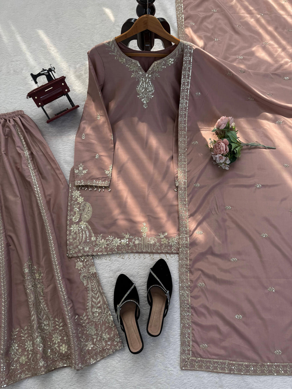 Buy Heavy Natural Crepe Silk 3-piece Readymade Sharara Top Set