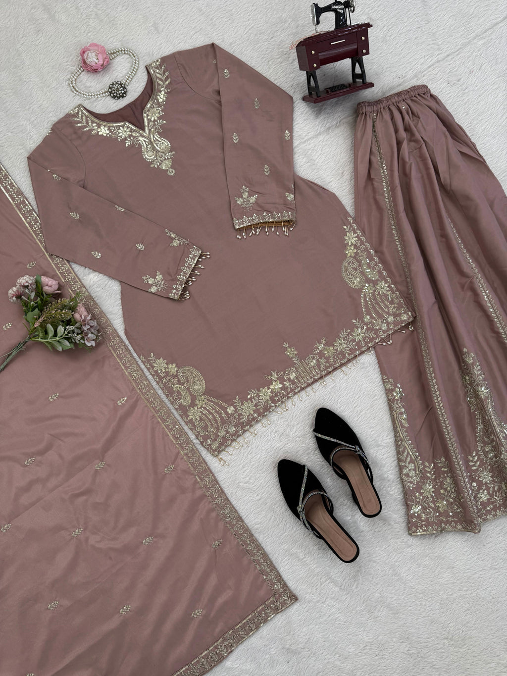 Buy Heavy Natural Crepe Silk 3-piece Readymade Sharara Top Set