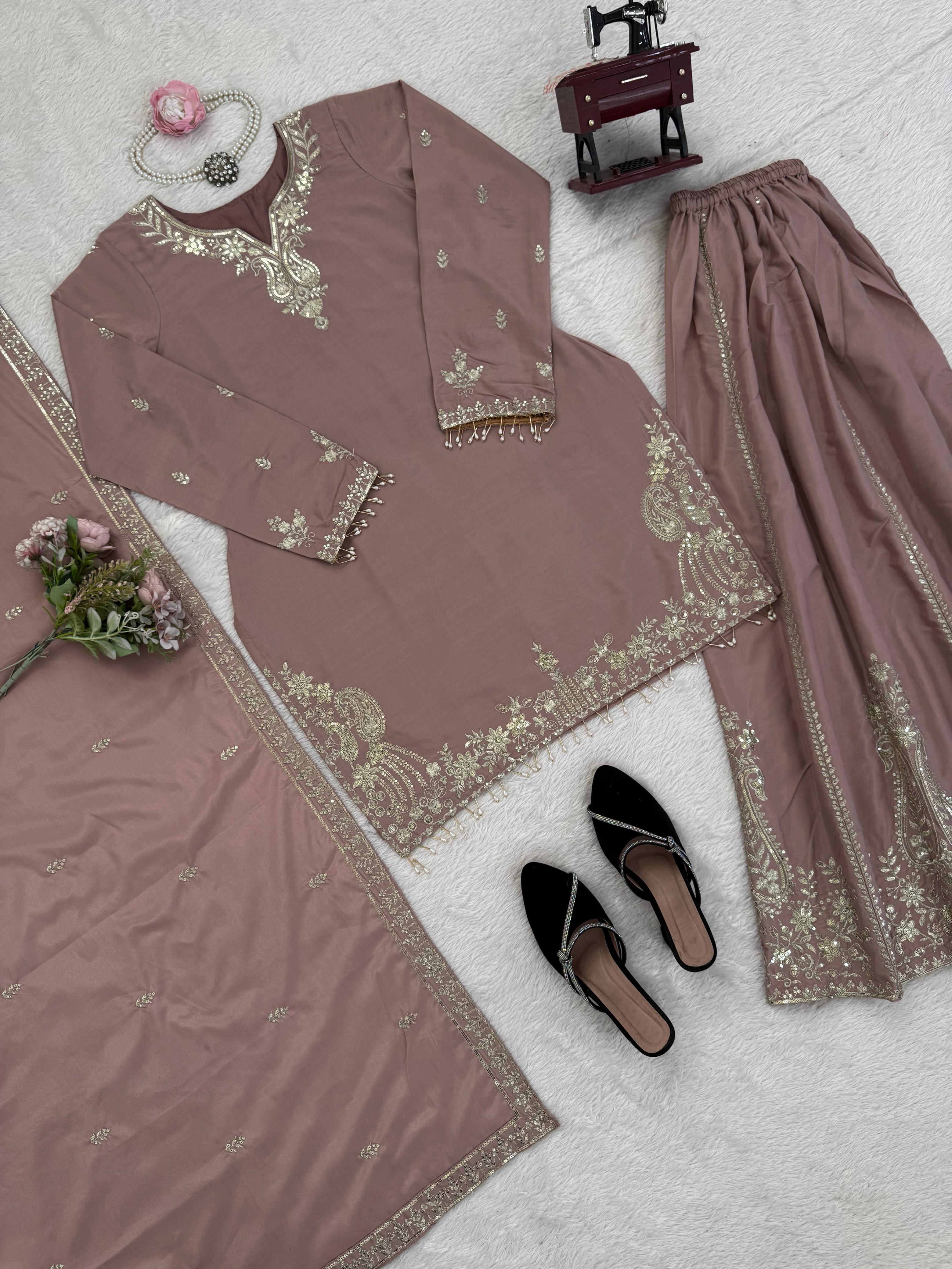Buy Heavy Natural Crepe Silk 3-piece Readymade Sharara Top Set