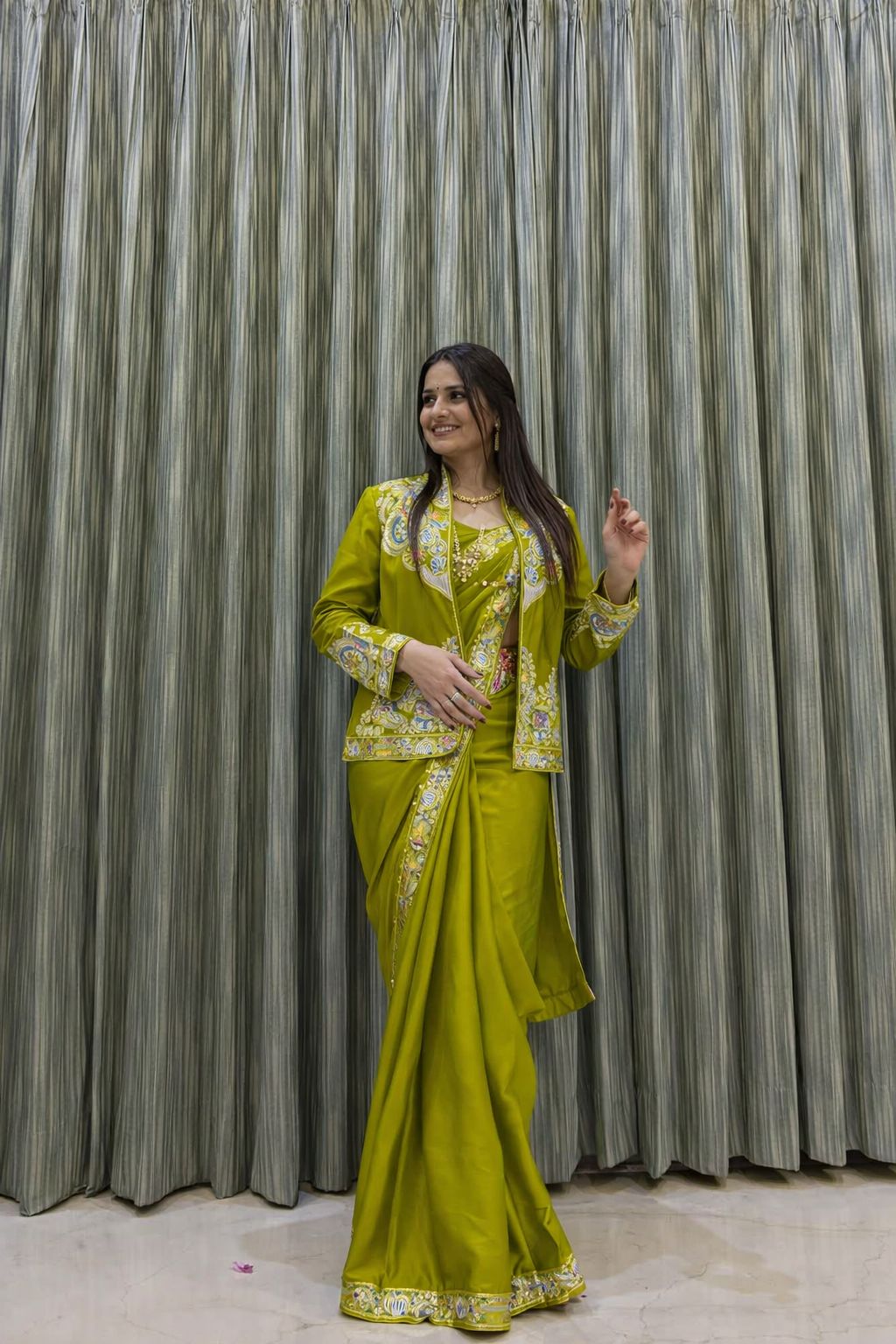 New Super Trending Embroidery Sequence Work Ready To Wear Saree With Full Koti