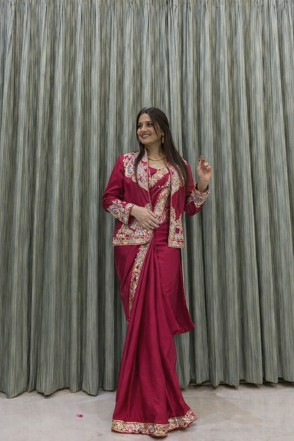 New Super Trending Embroidery Sequence Work Ready To Wear Saree With Full Koti