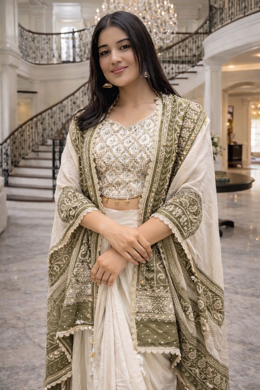 Get festive ready in our New Indo-Western 3 Piece Set With Embroidery With Real Mirror Work in Detailing