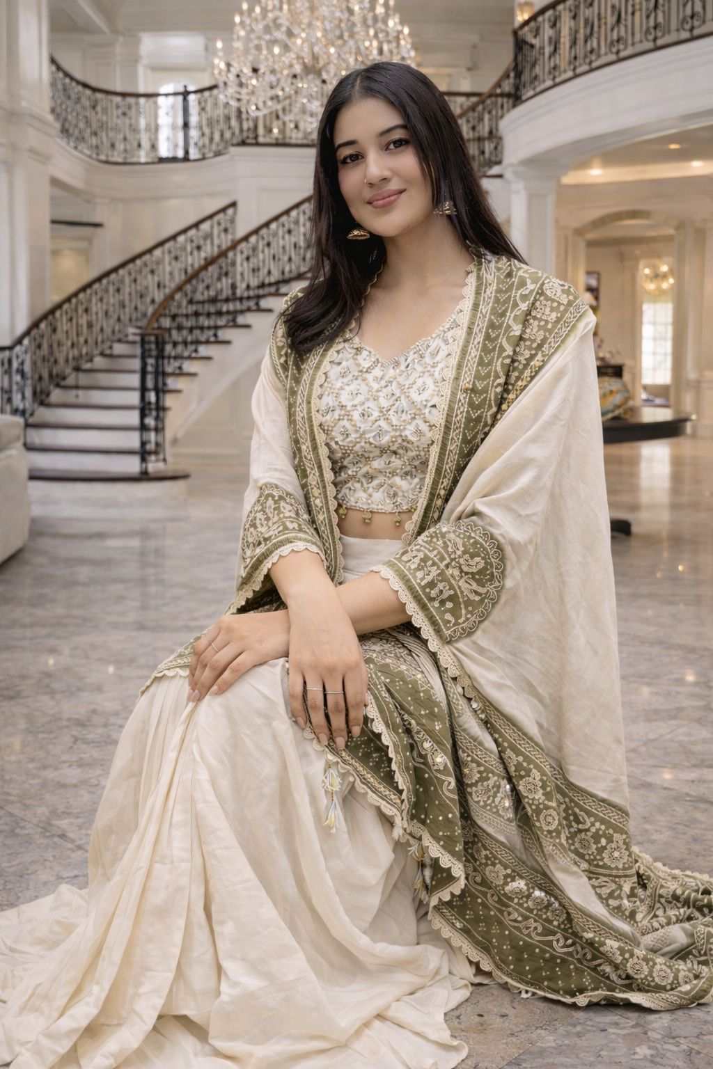 Get festive ready in our New Indo-Western 3 Piece Set With Embroidery With Real Mirror Work in Detailing