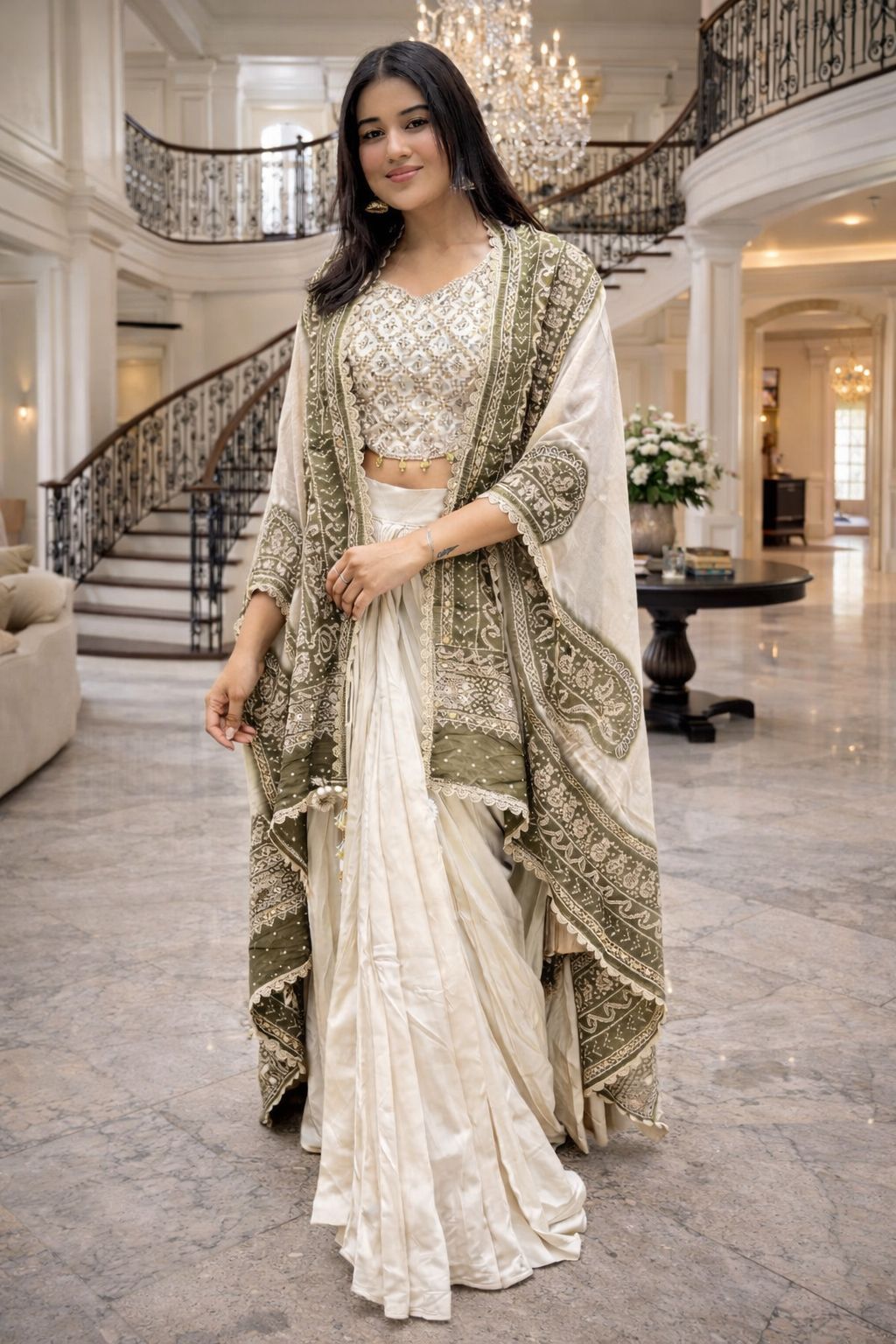 Get festive ready in our New Indo-Western 3 Piece Set With Embroidery With Real Mirror Work in Detailing
