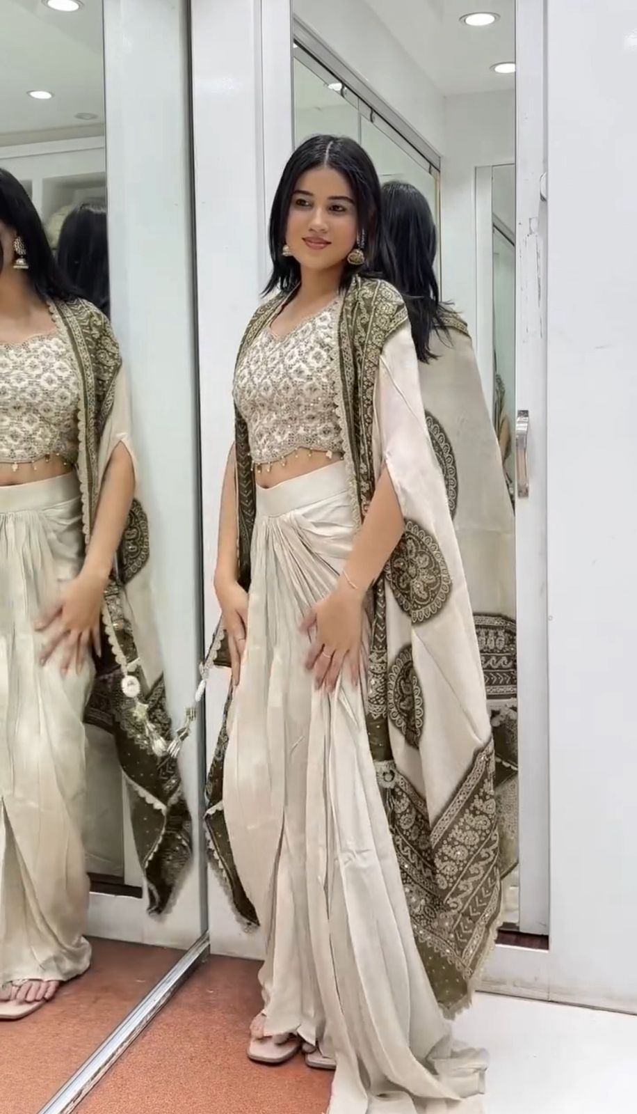 Get festive ready in our New Indo-Western 3 Piece Set With Embroidery With Real Mirror Work in Detailing