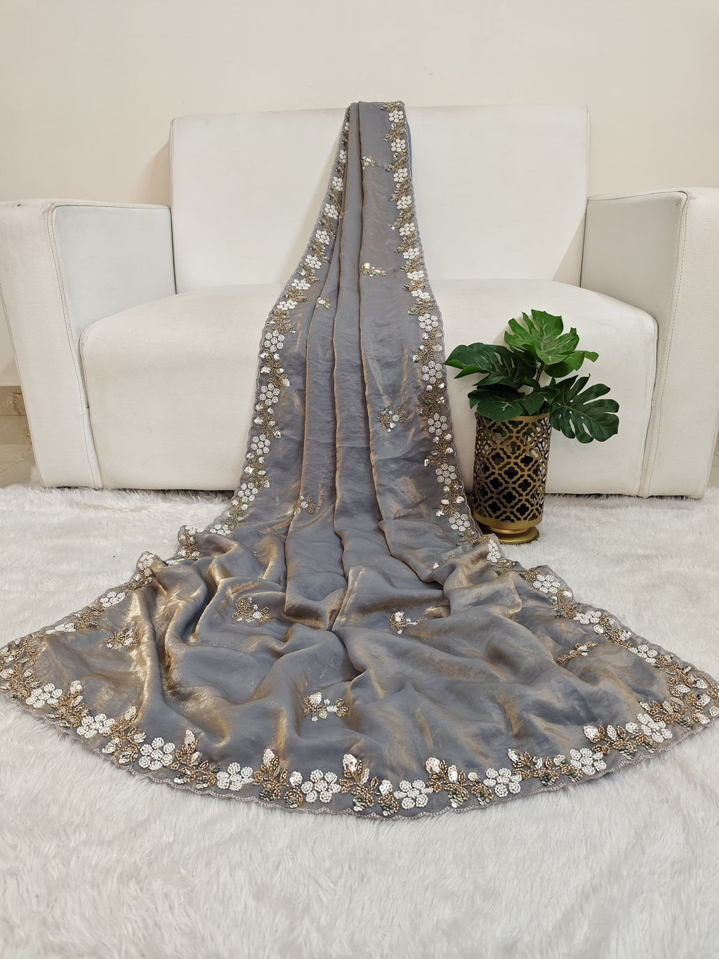 Buy Fandy Satin Silk Fabric Saree With Fancy Handwork (Bids) & Sequence Work With Fancy Bids Work Pallu, Border & Work Blouse