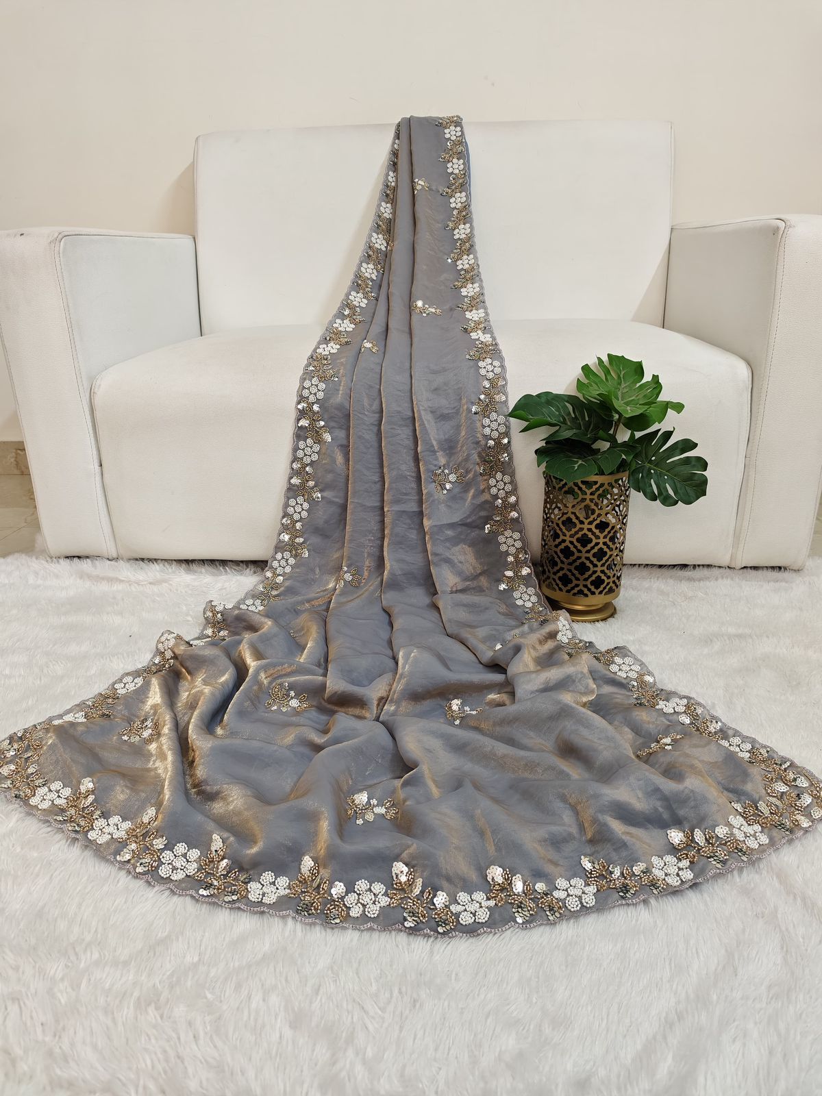 Buy Fandy Satin Silk Fabric Saree With Fancy Handwork (Bids) & Sequence Work With Fancy Bids Work Pallu, Border & Work Blouse