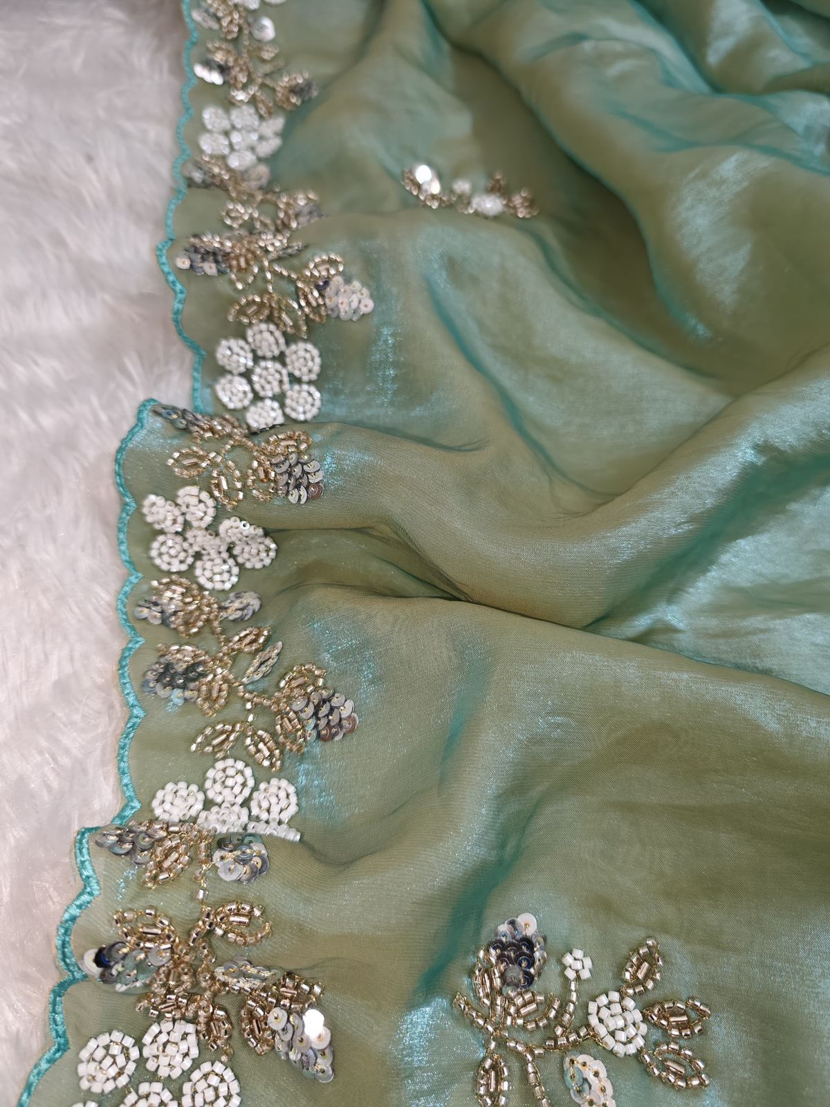 Buy Fandy Satin Silk Fabric Saree With Fancy Handwork (Bids) & Sequence Work With Fancy Bids Work Pallu, Border & Work Blouse