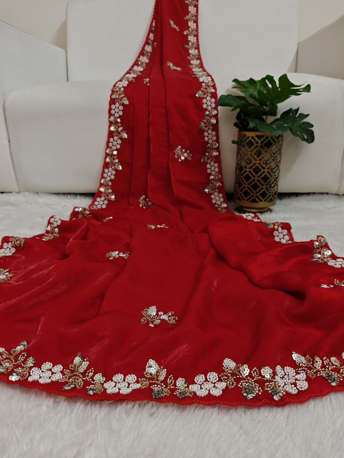 Buy Fandy Satin Silk Fabric Saree With Fancy Handwork (Bids) & Sequence Work With Fancy Bids Work Pallu, Border & Work Blouse