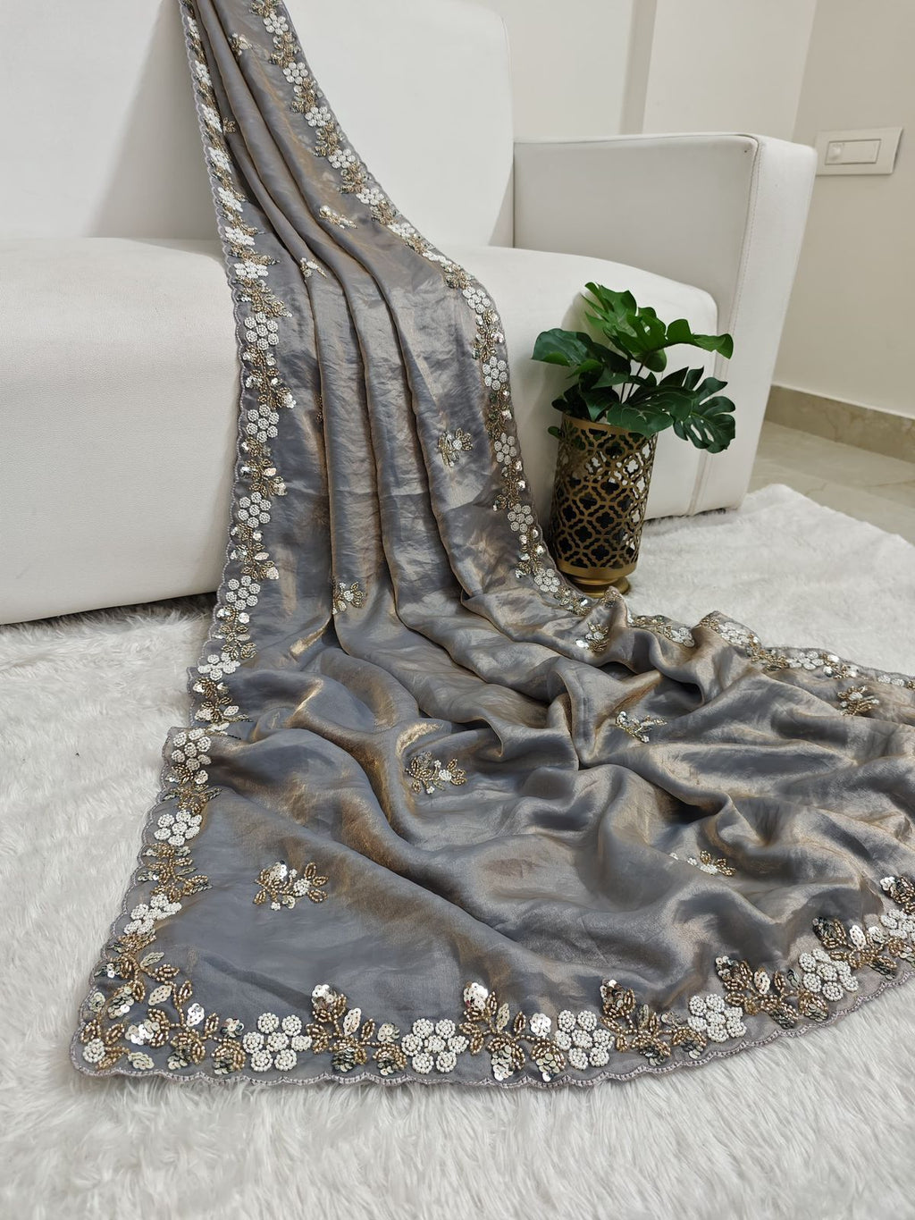 Buy Fandy Satin Silk Fabric Saree With Fancy Handwork (Bids) & Sequence Work With Fancy Bids Work Pallu, Border & Work Blouse