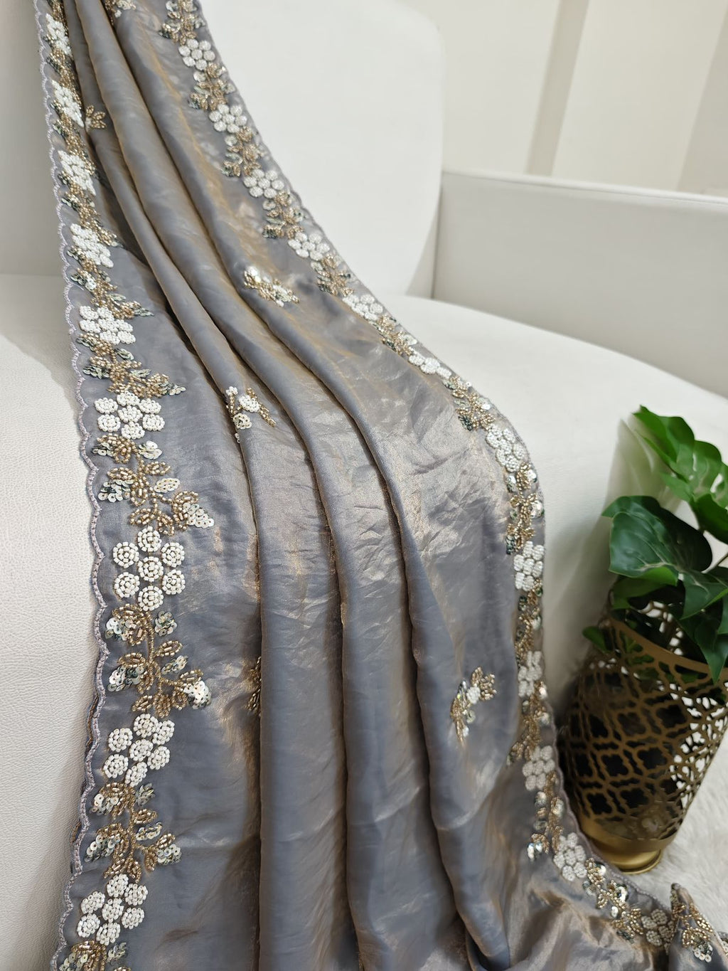 Buy Fandy Satin Silk Fabric Saree With Fancy Handwork (Bids) & Sequence Work With Fancy Bids Work Pallu, Border & Work Blouse