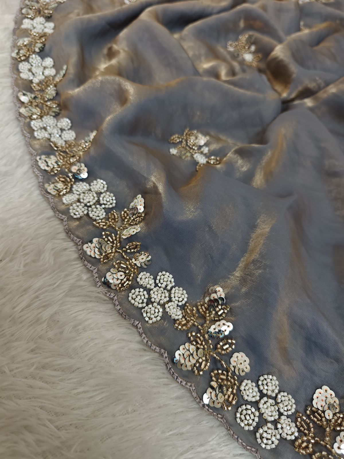 Buy Fandy Satin Silk Fabric Saree With Fancy Handwork (Bids) & Sequence Work With Fancy Bids Work Pallu, Border & Work Blouse