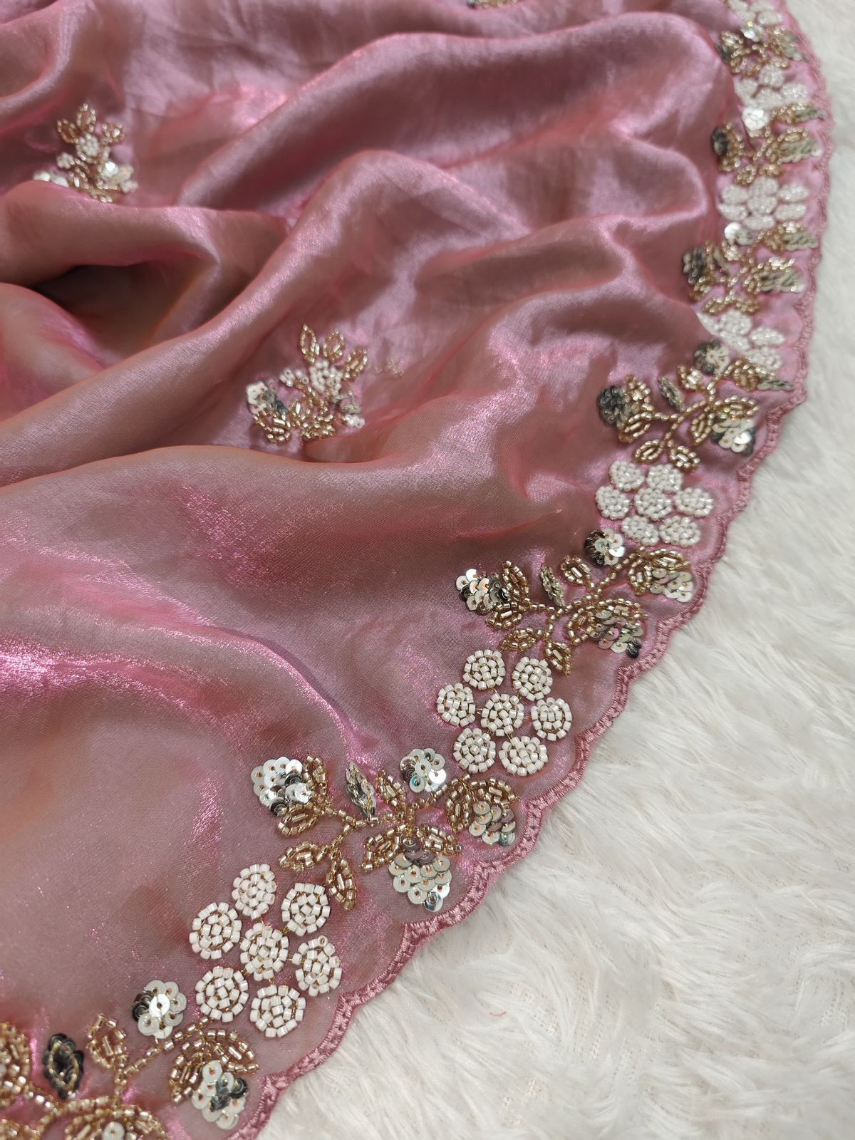 Buy Fandy Satin Silk Fabric Saree With Fancy Handwork (Bids) & Sequence Work With Fancy Bids Work Pallu, Border & Work Blouse